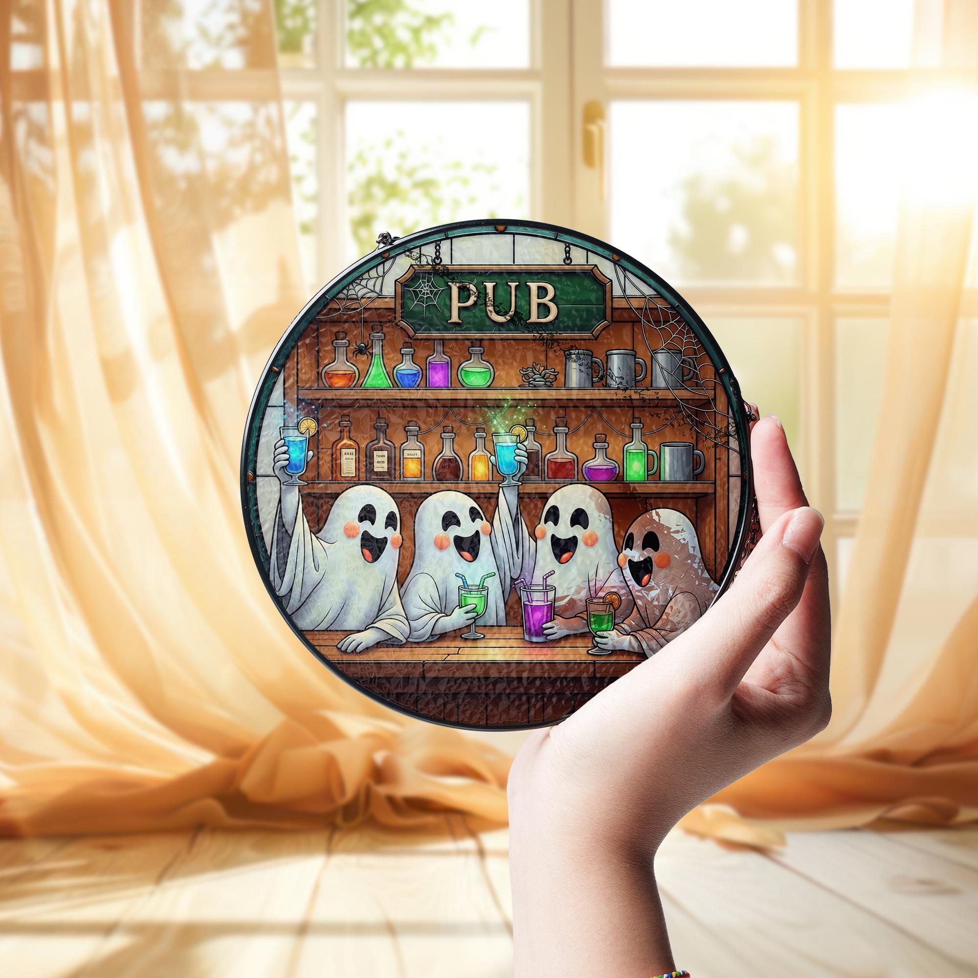 Ghost Pub Suncatcher – Halloween Glass Bar Decor – Spooky Cute Ghost Drink Panel – Funny Boozy Spirit Window Hanging