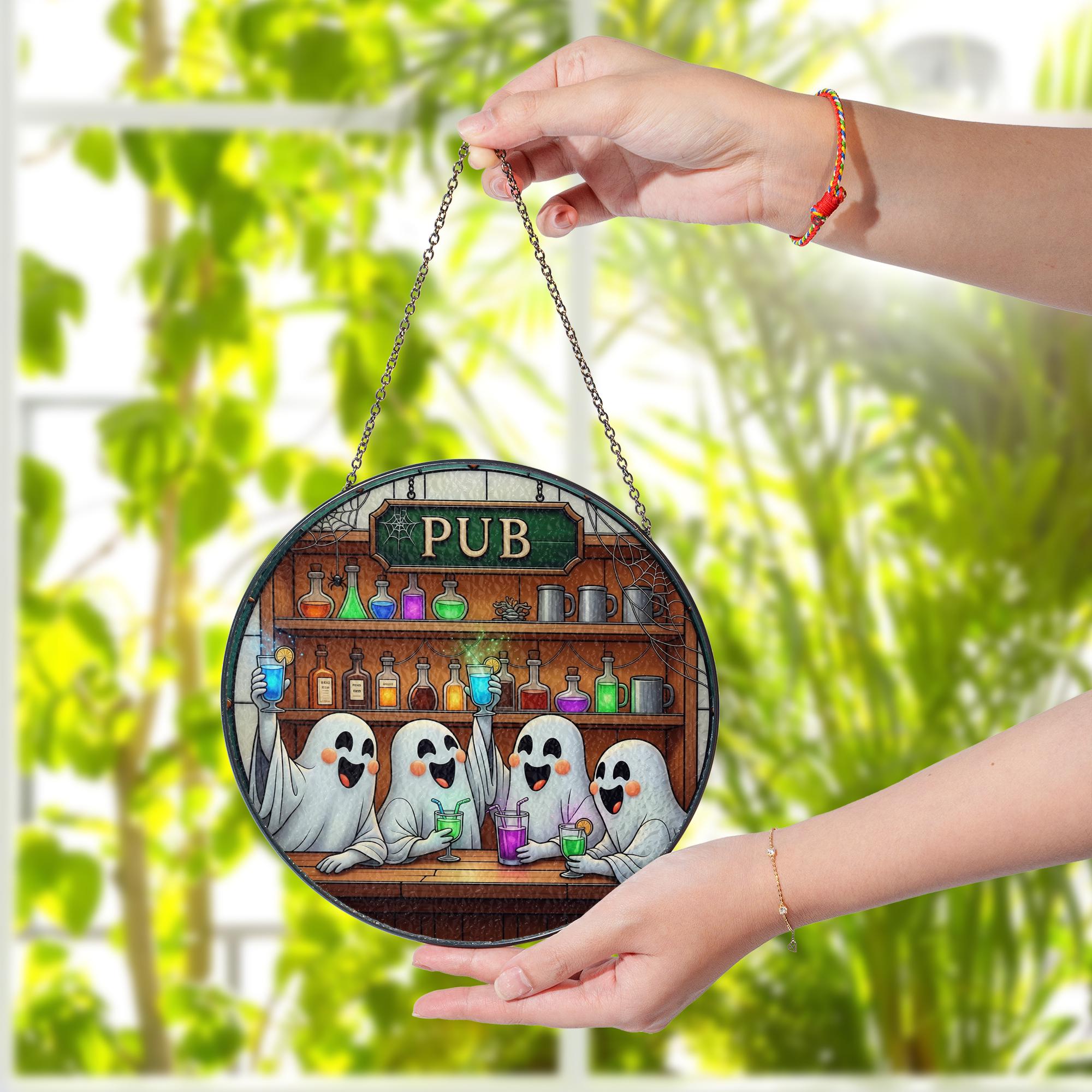 Ghost Pub Suncatcher – Halloween Glass Bar Decor – Spooky Cute Ghost Drink Panel – Funny Boozy Spirit Window Hanging