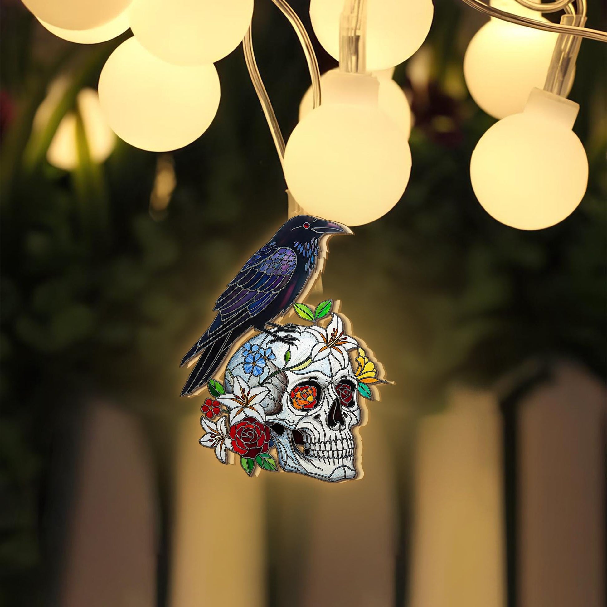 Gothic Skull String Lights – Raven Crow Floral Halloween Decor – Spooky Dark Academia Fairy Lights – Alternative Skull Room Decor