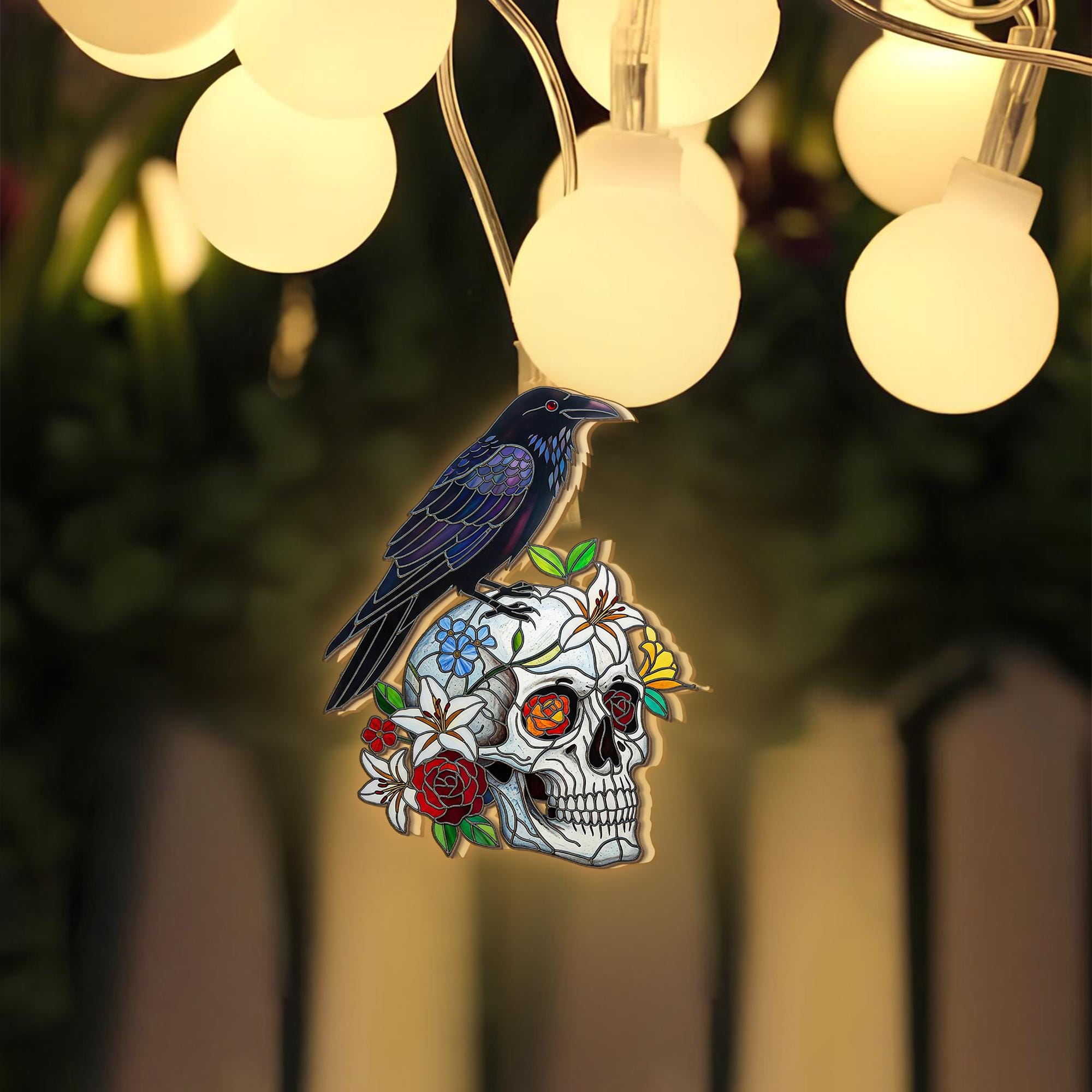 Gothic Skull String Lights – Raven Crow Floral Halloween Decor – Spooky Dark Academia Fairy Lights – Alternative Skull Room Decor