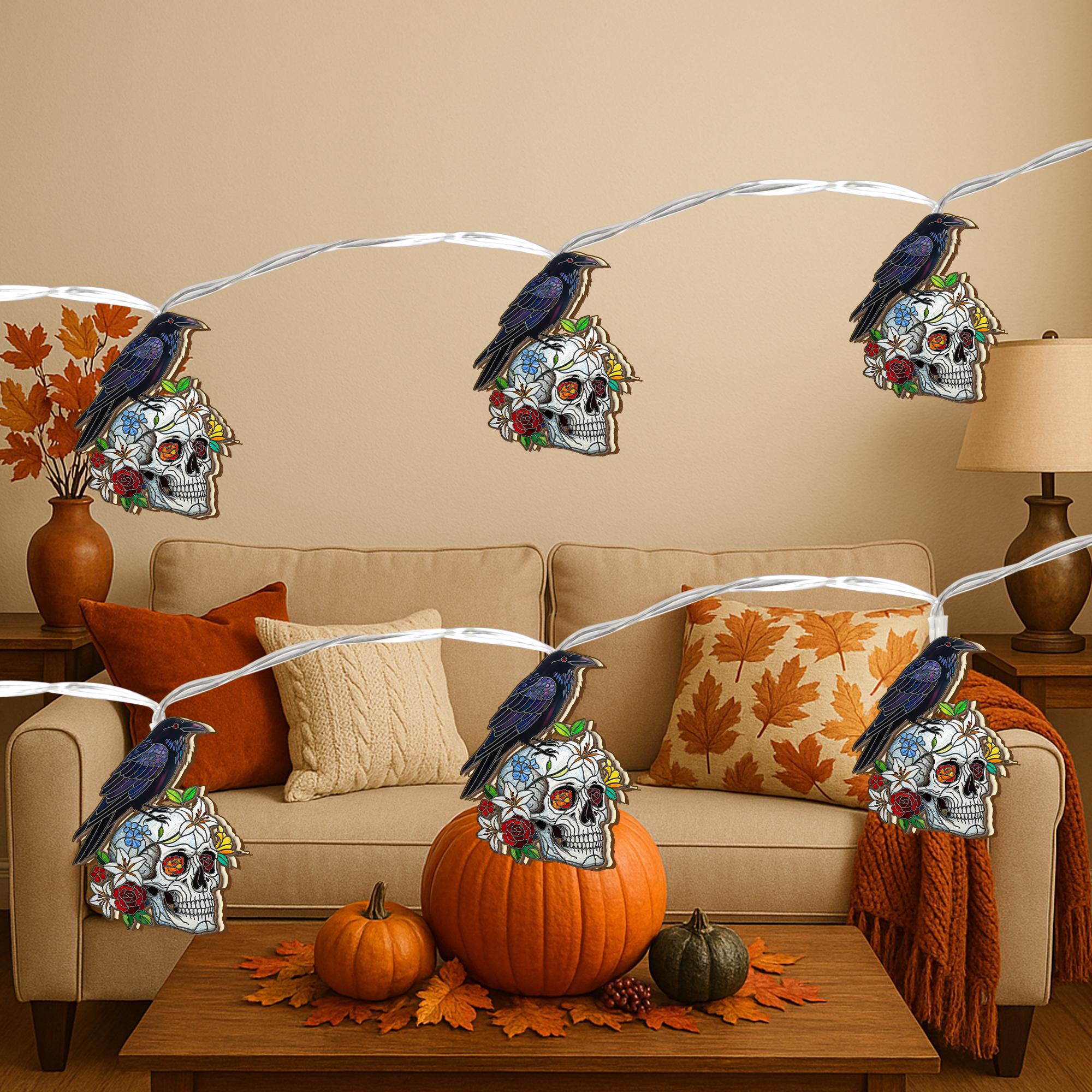 Gothic Skull String Lights – Raven Crow Floral Halloween Decor – Spooky Dark Academia Fairy Lights – Alternative Skull Room Decor