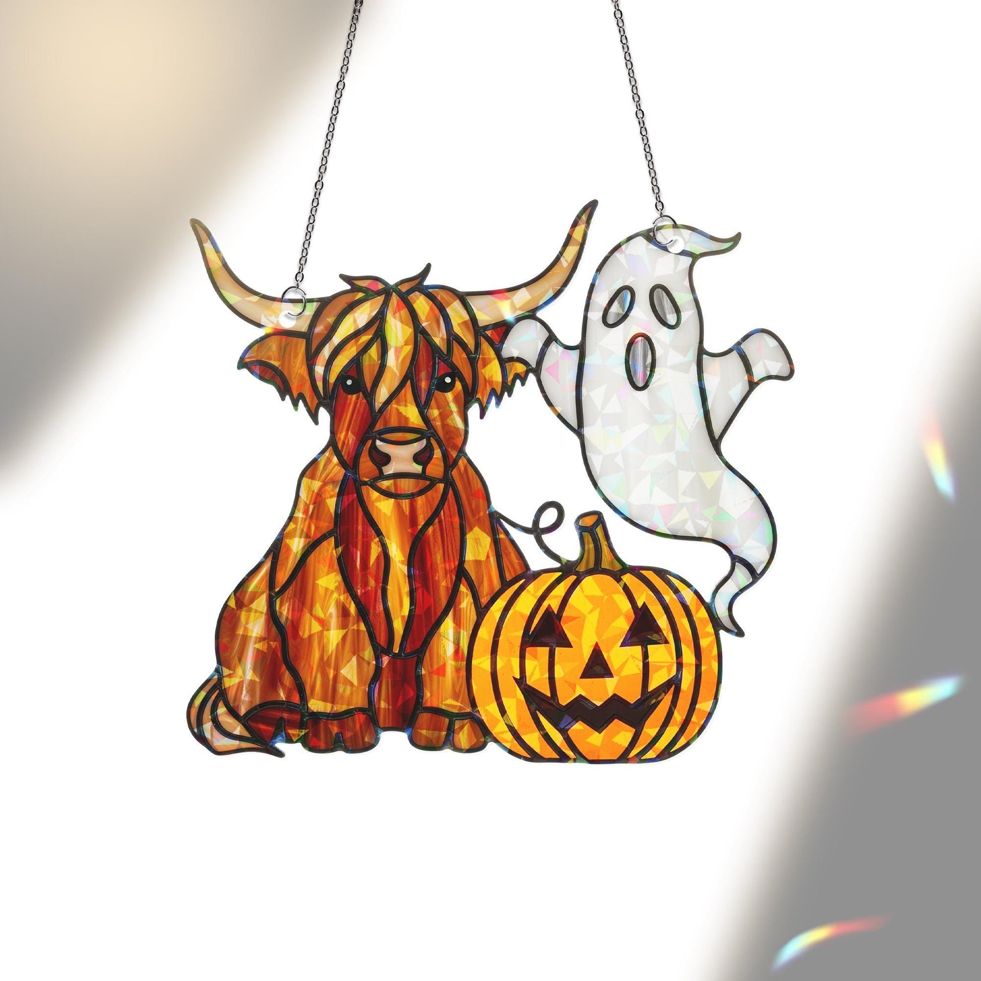 Highland Cow Halloween Suncatcher – Holographic Ghost Pumpkin Window Decor – Cute Fall Cow Gift – Spooky Acrylic Hanging Art
