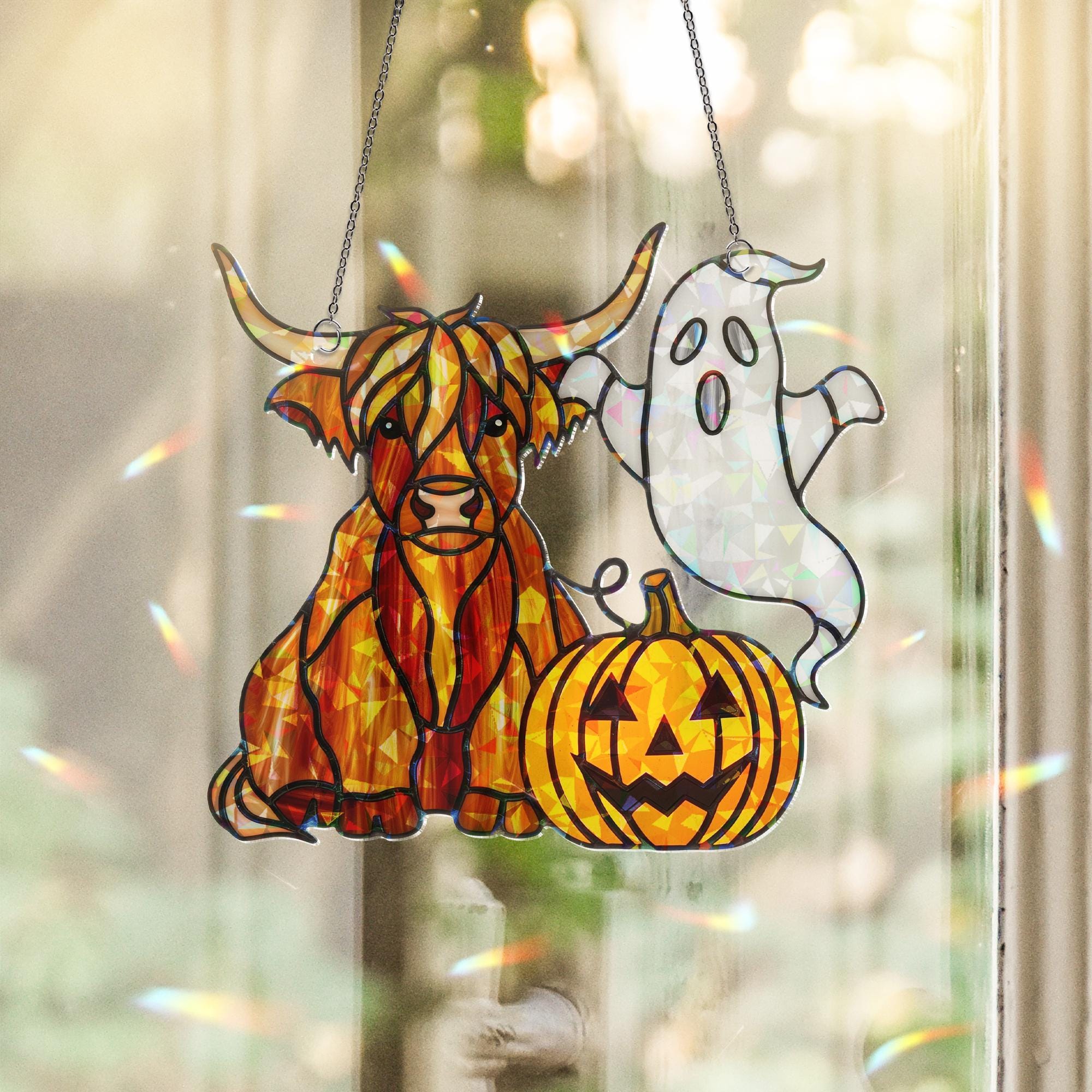 Highland Cow Halloween Suncatcher – Holographic Ghost Pumpkin Window Decor – Cute Fall Cow Gift – Spooky Acrylic Hanging Art