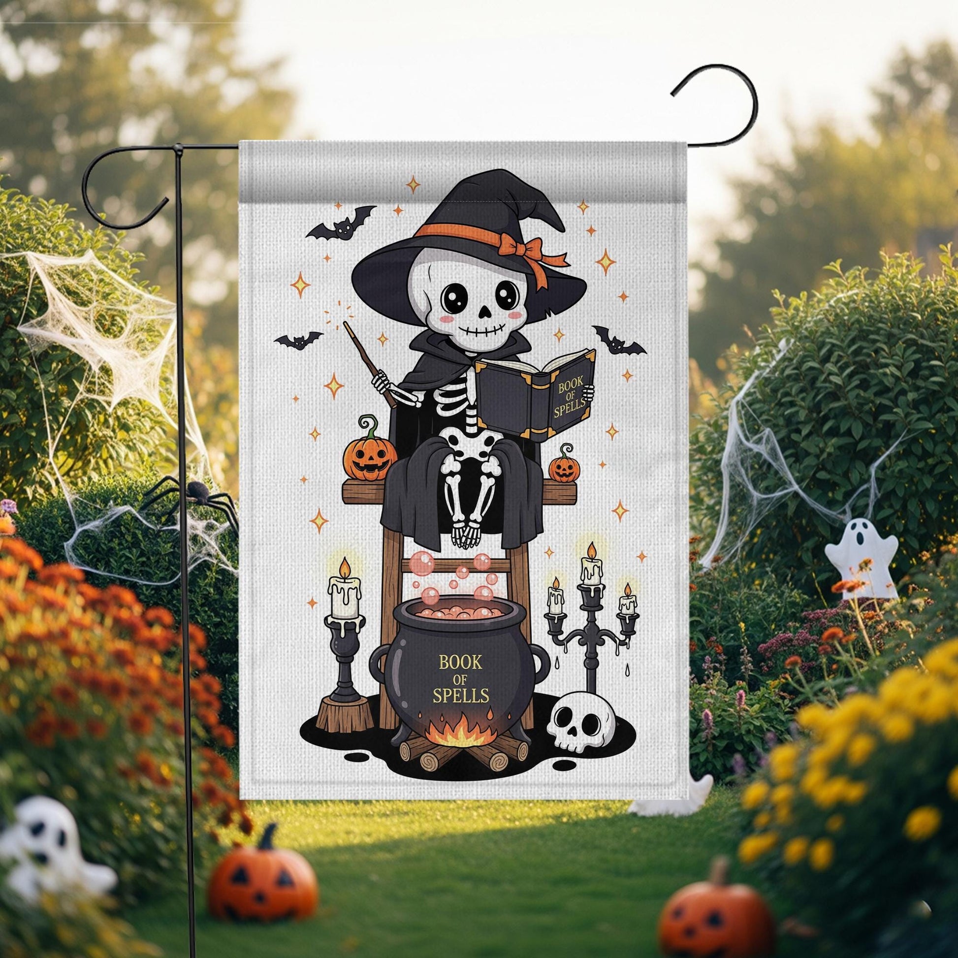 Cute Skeleton Witch with Book of Spells Halloween Garden Flag – Skeleton Cauldron Spooky Decor