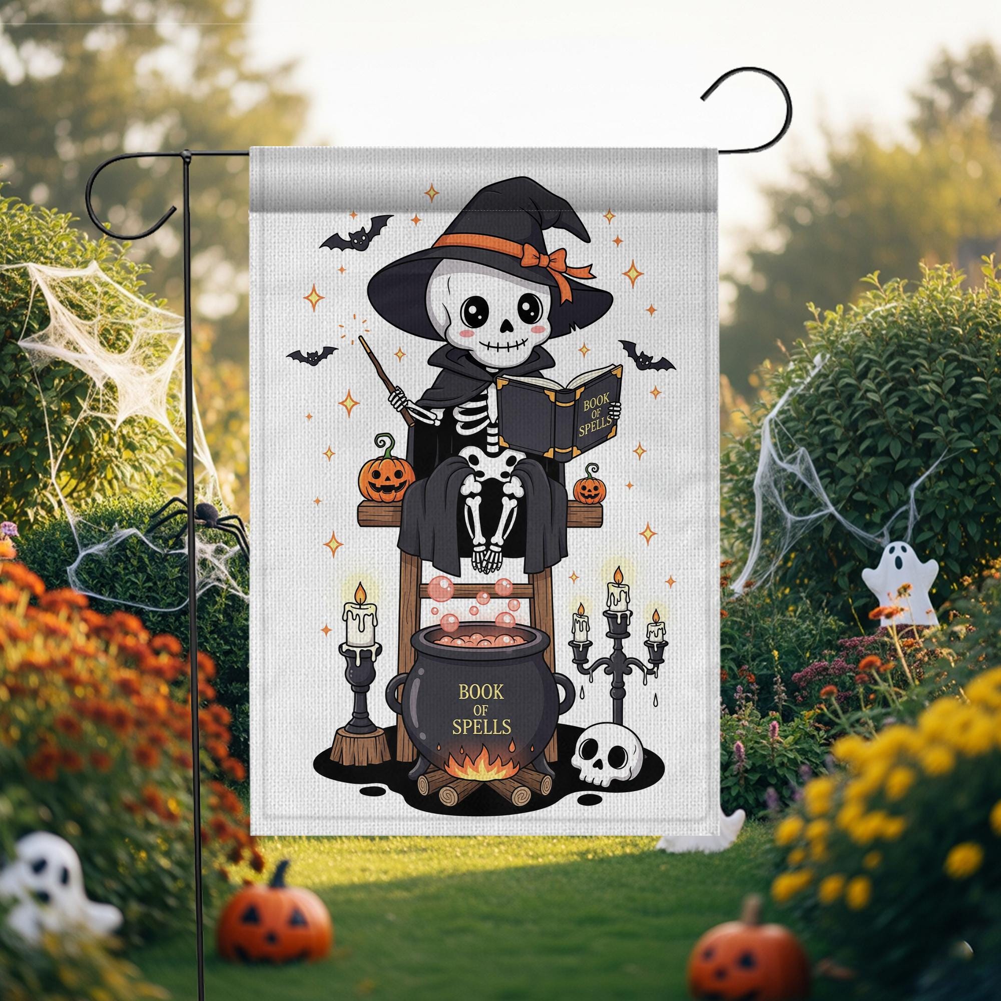 Cute Skeleton Witch with Book of Spells Halloween Garden Flag – Skeleton Cauldron Spooky Decor