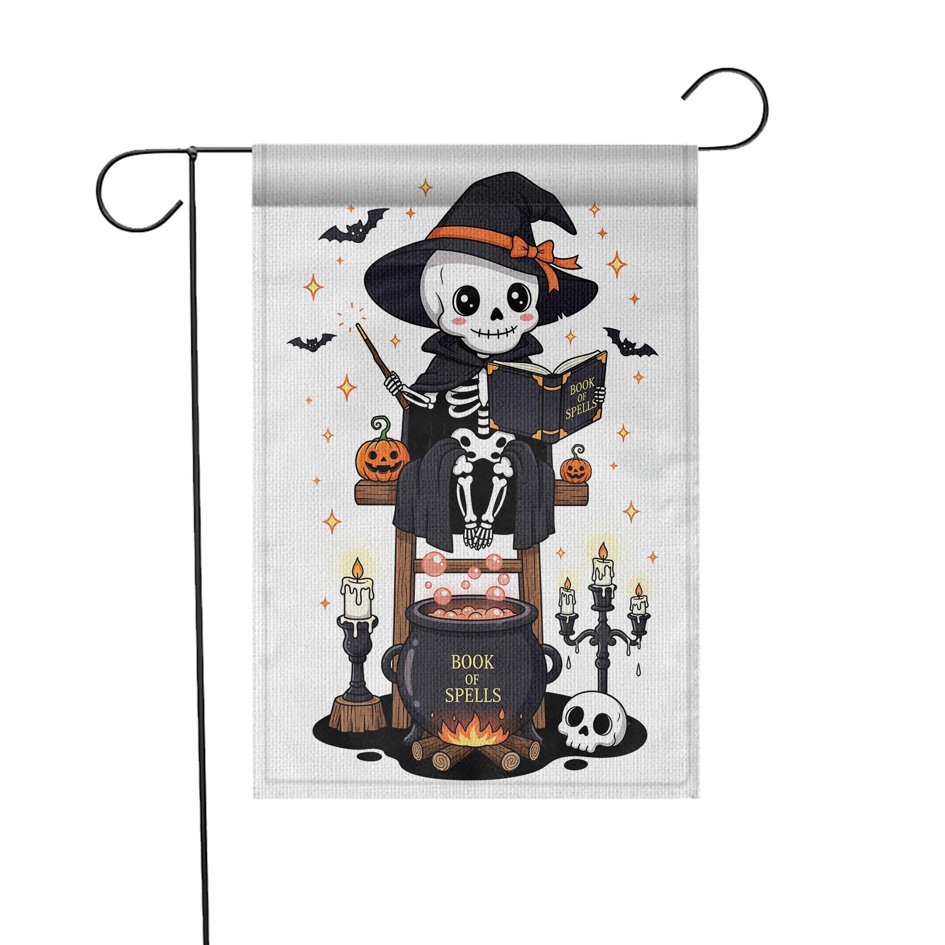 Cute Skeleton Witch with Book of Spells Halloween Garden Flag – Skeleton Cauldron Spooky Decor