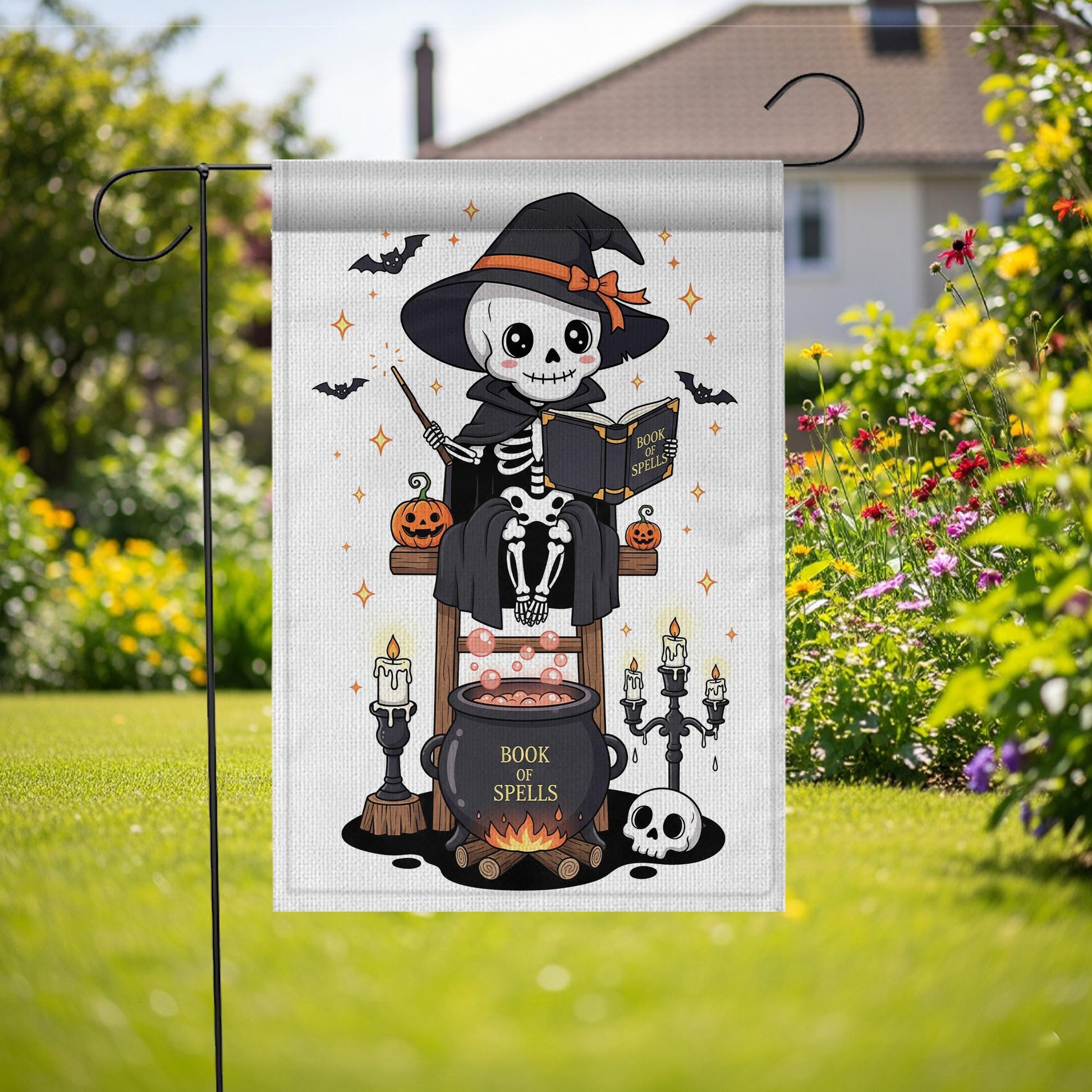 Cute Skeleton Witch with Book of Spells Halloween Garden Flag – Skeleton Cauldron Spooky Decor