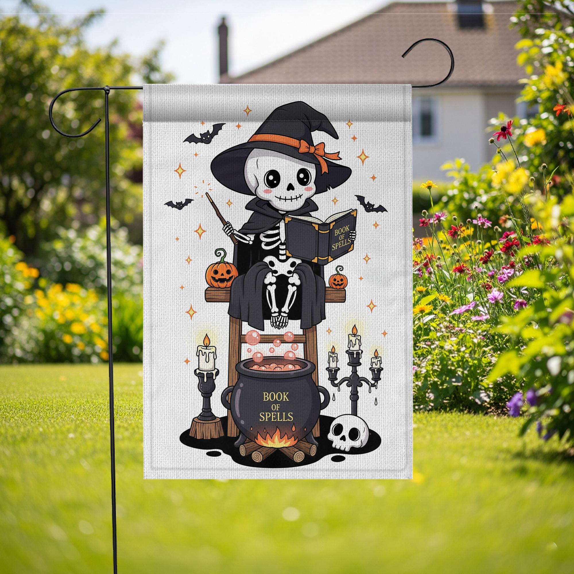 Cute Skeleton Witch with Book of Spells Halloween Garden Flag – Skeleton Cauldron Spooky Decor