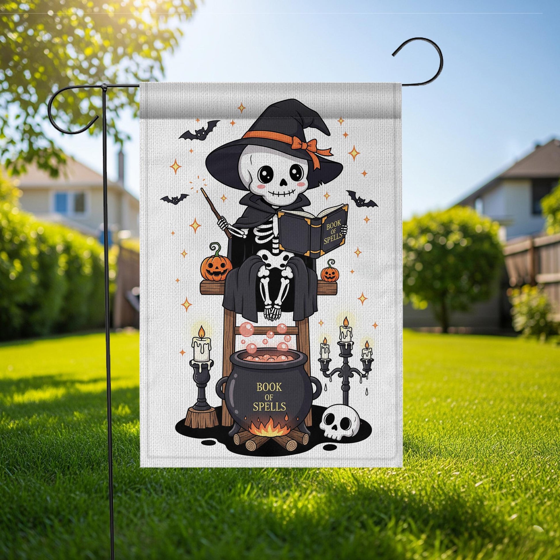 Cute Skeleton Witch with Book of Spells Halloween Garden Flag – Skeleton Cauldron Spooky Decor