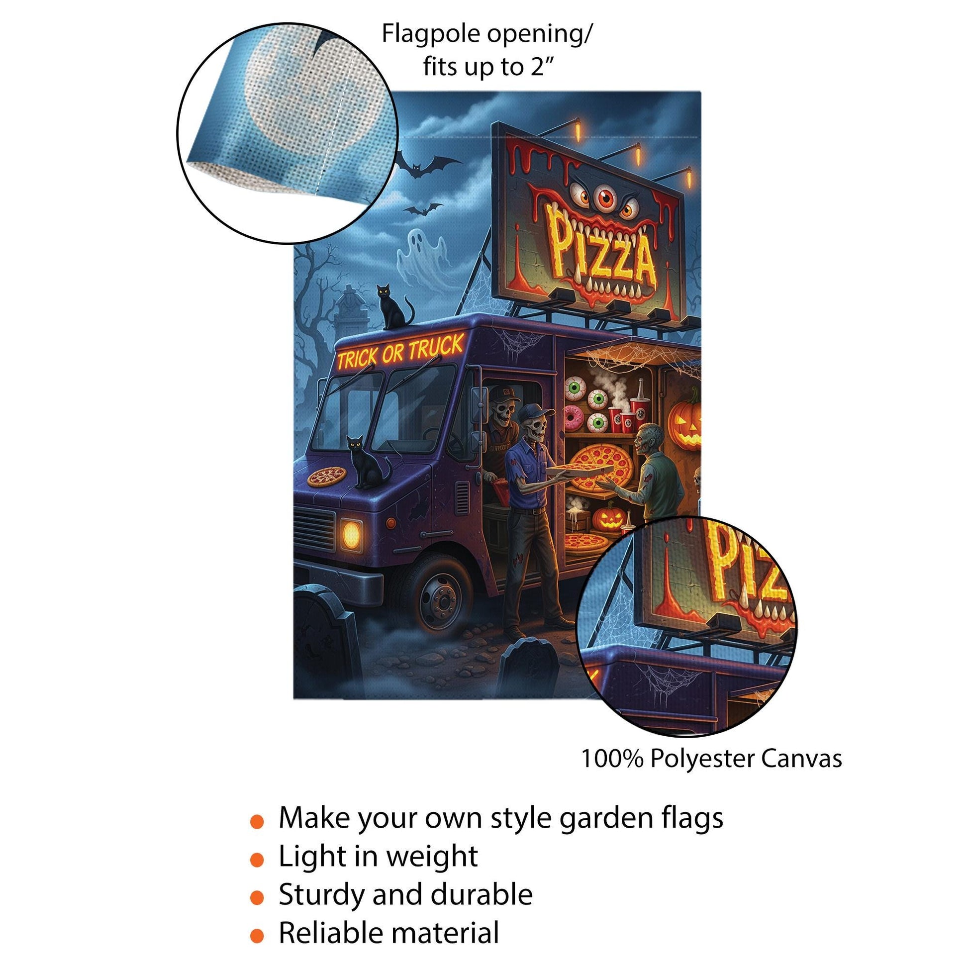 Halloween Pizza Truck Skeleton Flag – Trick or Truck Pizza Skeleton Outdoor Garden Decor
