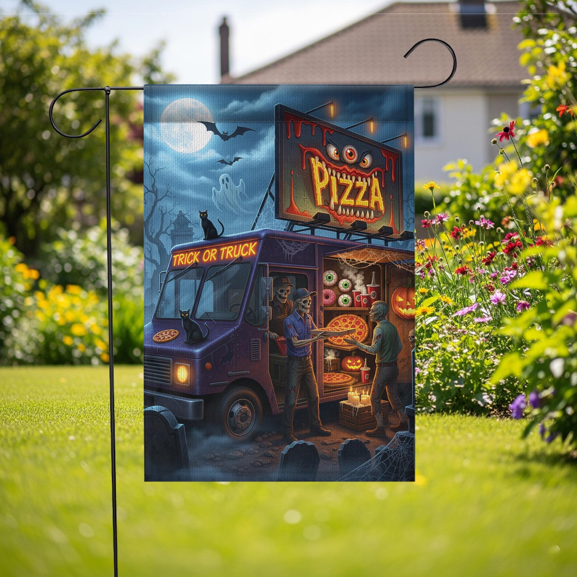 Halloween Pizza Truck Skeleton Flag – Trick or Truck Pizza Skeleton Outdoor Garden Decor