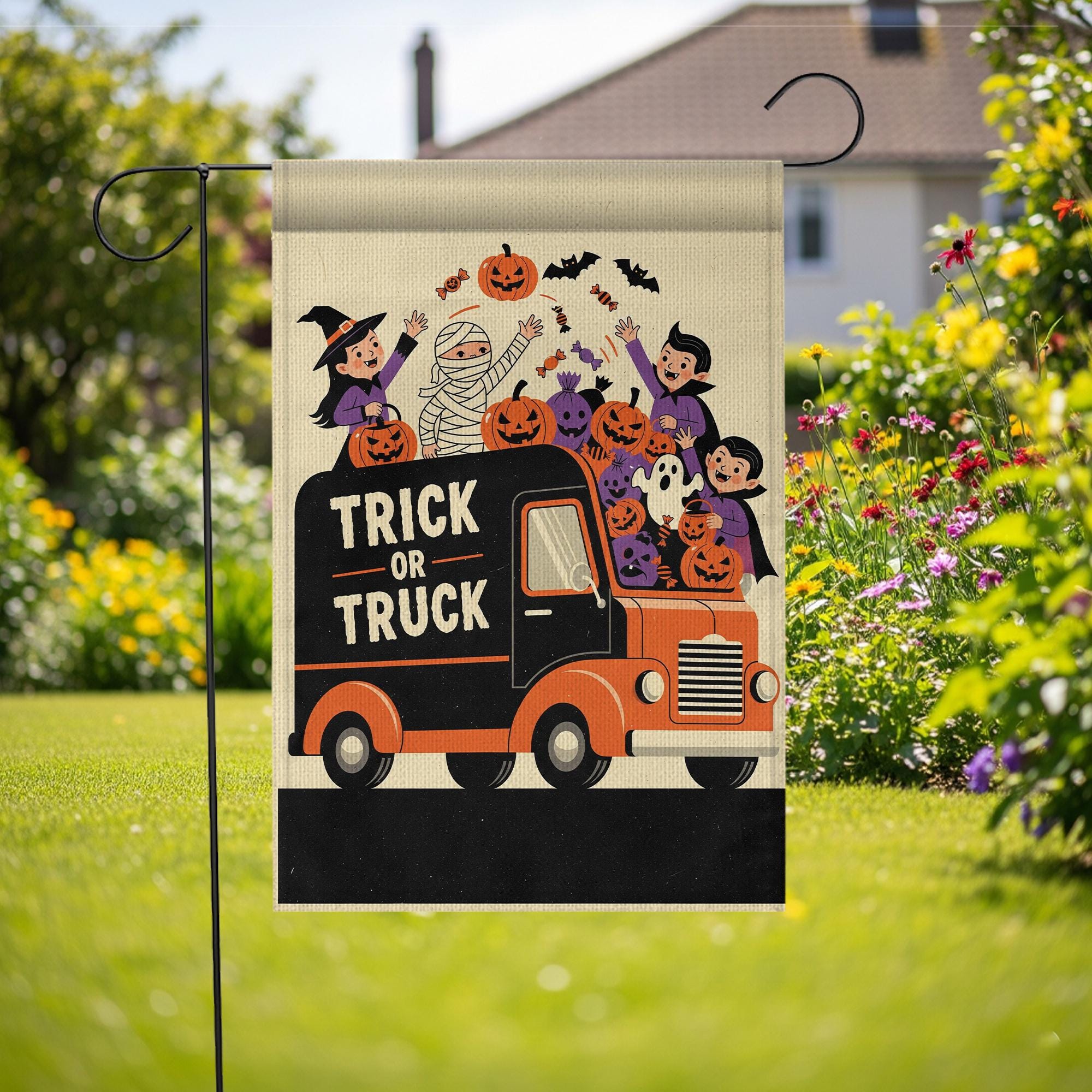 Trick or Truck Halloween Pumpkin Truck Flag – Kids Costume Truck Garden Decor