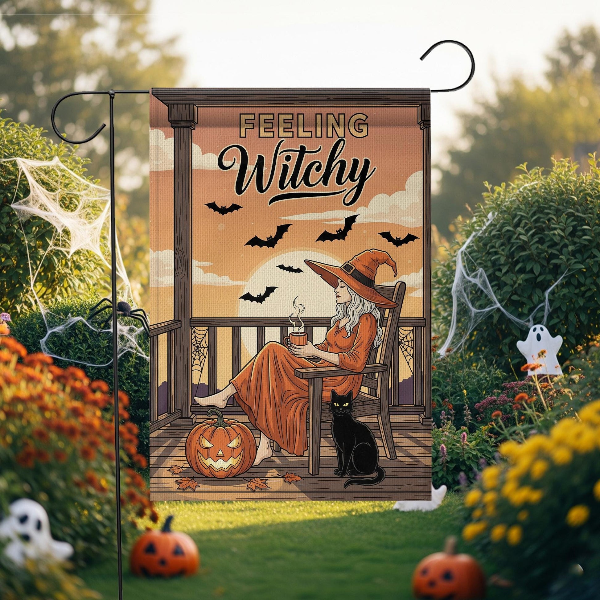 Feeling Witchy Halloween Witch Garden Flag – Witchy Porch Decor with Black Cat and Bats