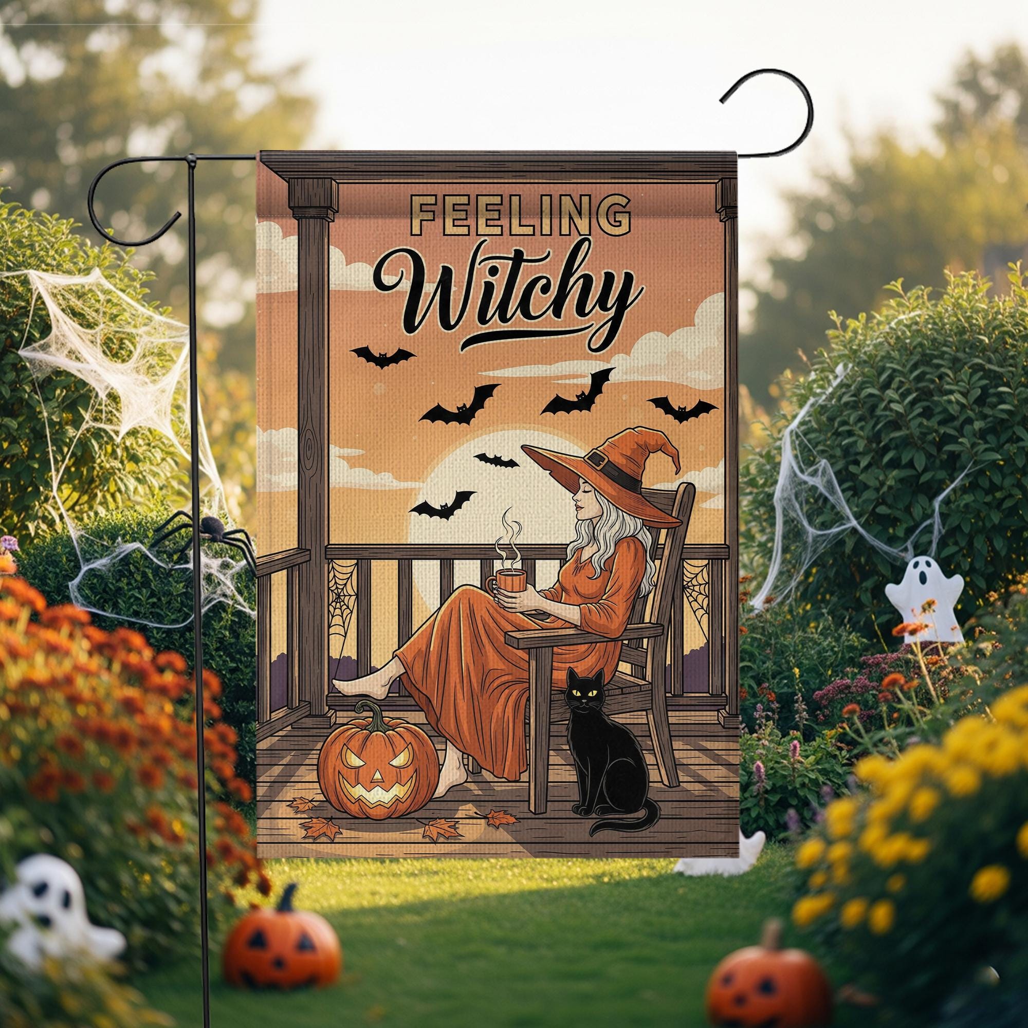 Feeling Witchy Halloween Witch Garden Flag – Witchy Porch Decor with Black Cat and Bats