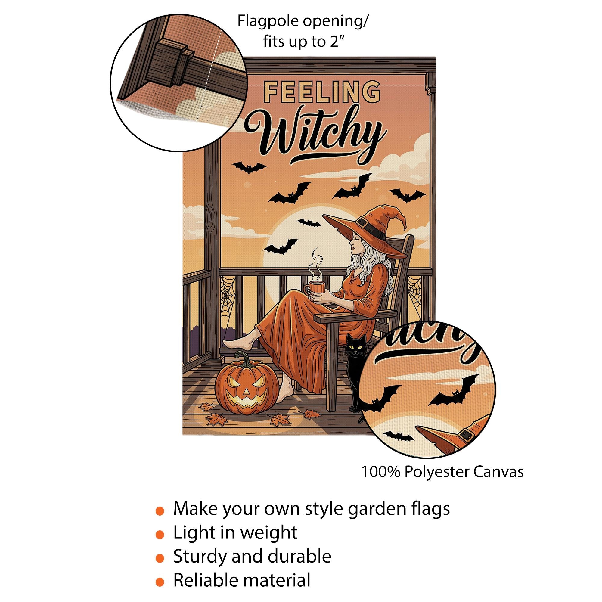Feeling Witchy Halloween Witch Garden Flag – Witchy Porch Decor with Black Cat and Bats