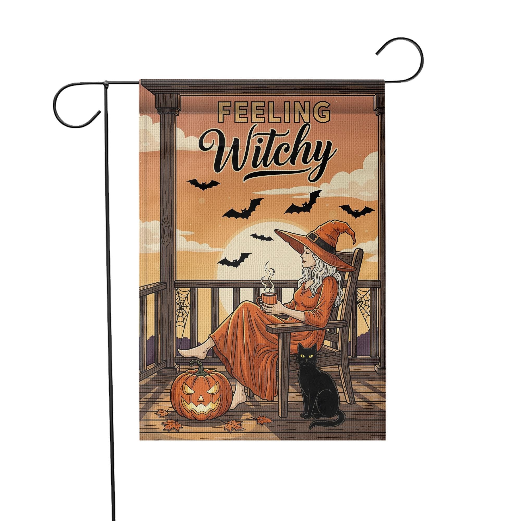 Feeling Witchy Halloween Witch Garden Flag – Witchy Porch Decor with Black Cat and Bats
