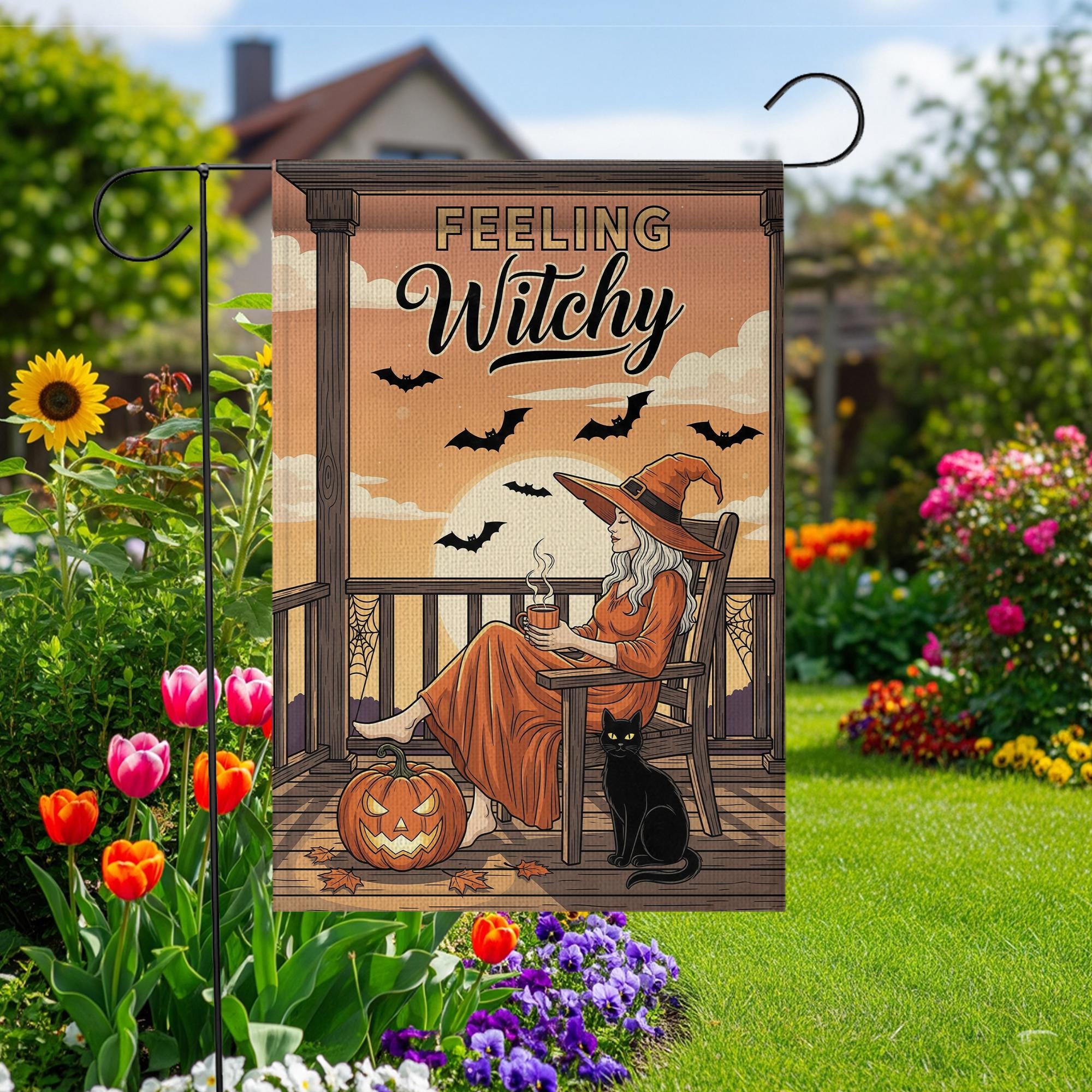Feeling Witchy Halloween Witch Garden Flag – Witchy Porch Decor with Black Cat and Bats