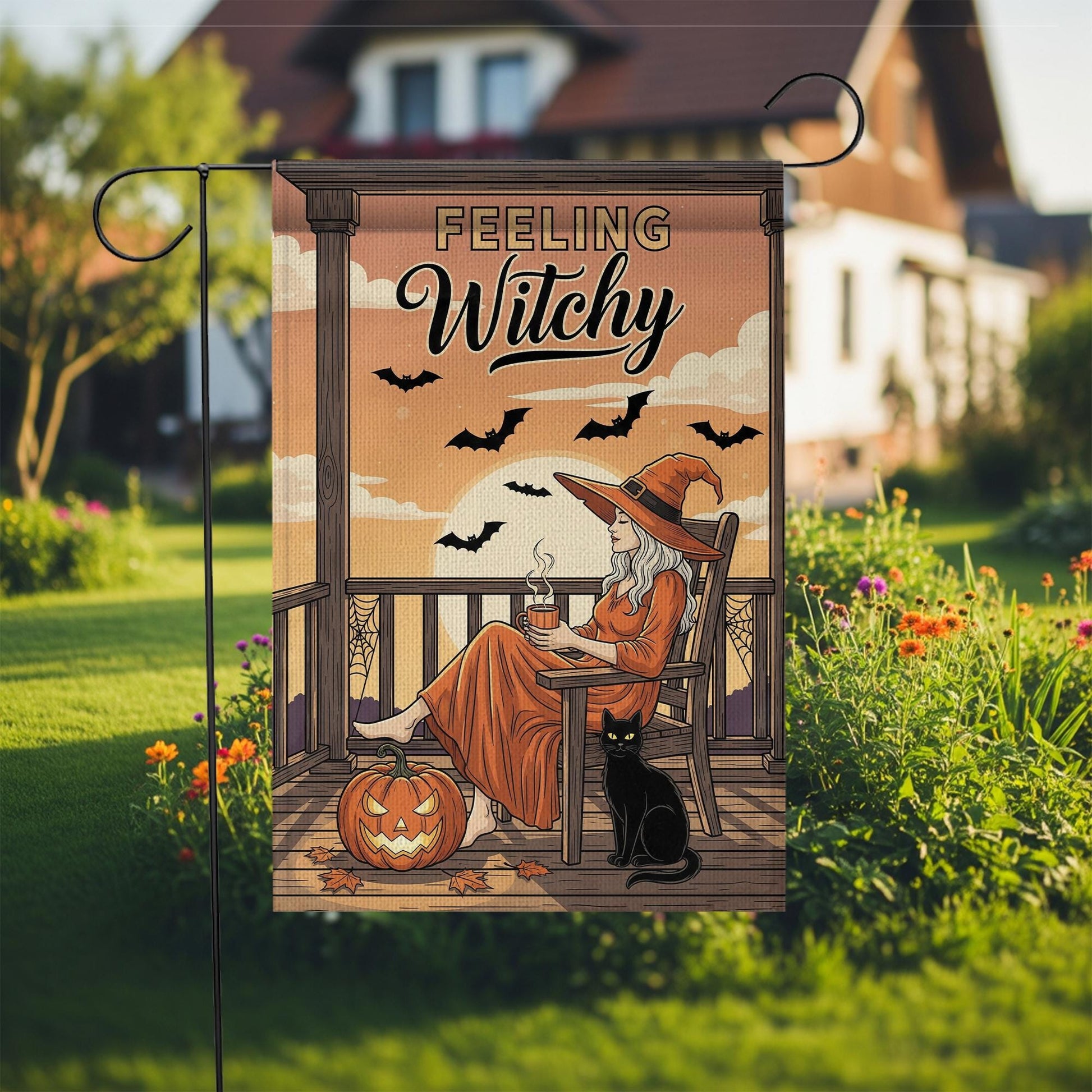 Feeling Witchy Halloween Witch Garden Flag – Witchy Porch Decor with Black Cat and Bats
