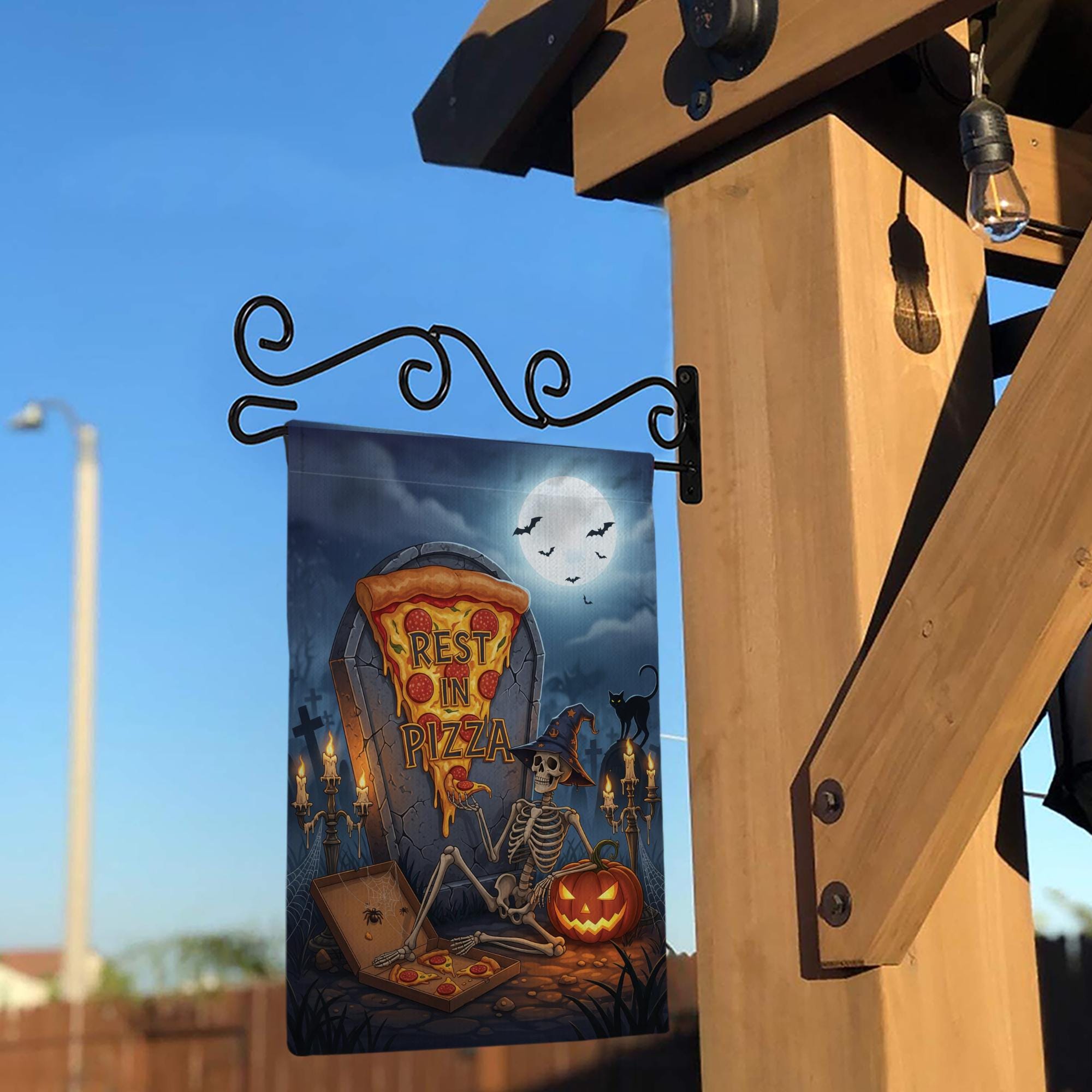 Rest in Pizza Skeleton Flag – Halloween Pizza Graveyard Garden Decor
