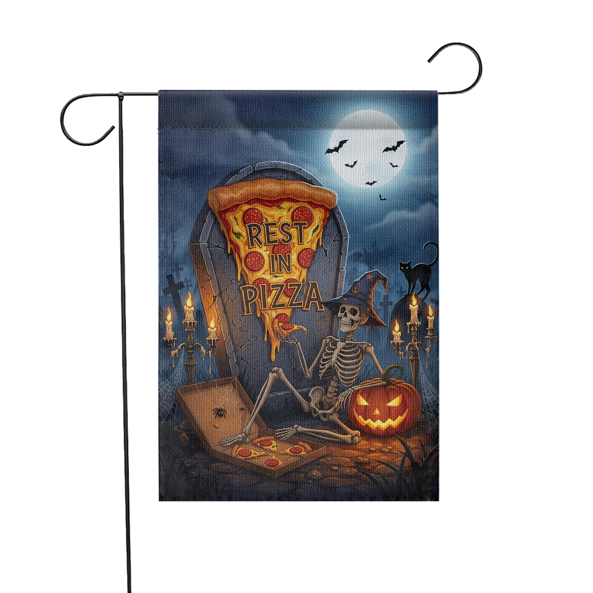 Rest in Pizza Skeleton Flag – Halloween Pizza Graveyard Garden Decor