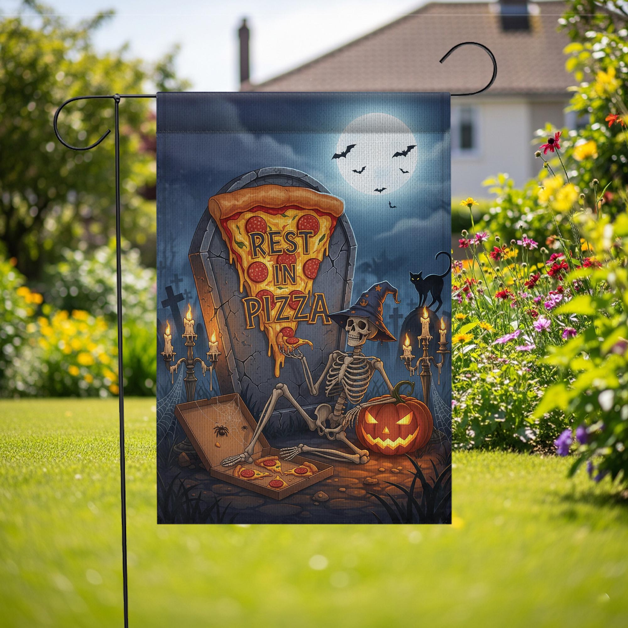 Rest in Pizza Skeleton Flag – Halloween Pizza Graveyard Garden Decor