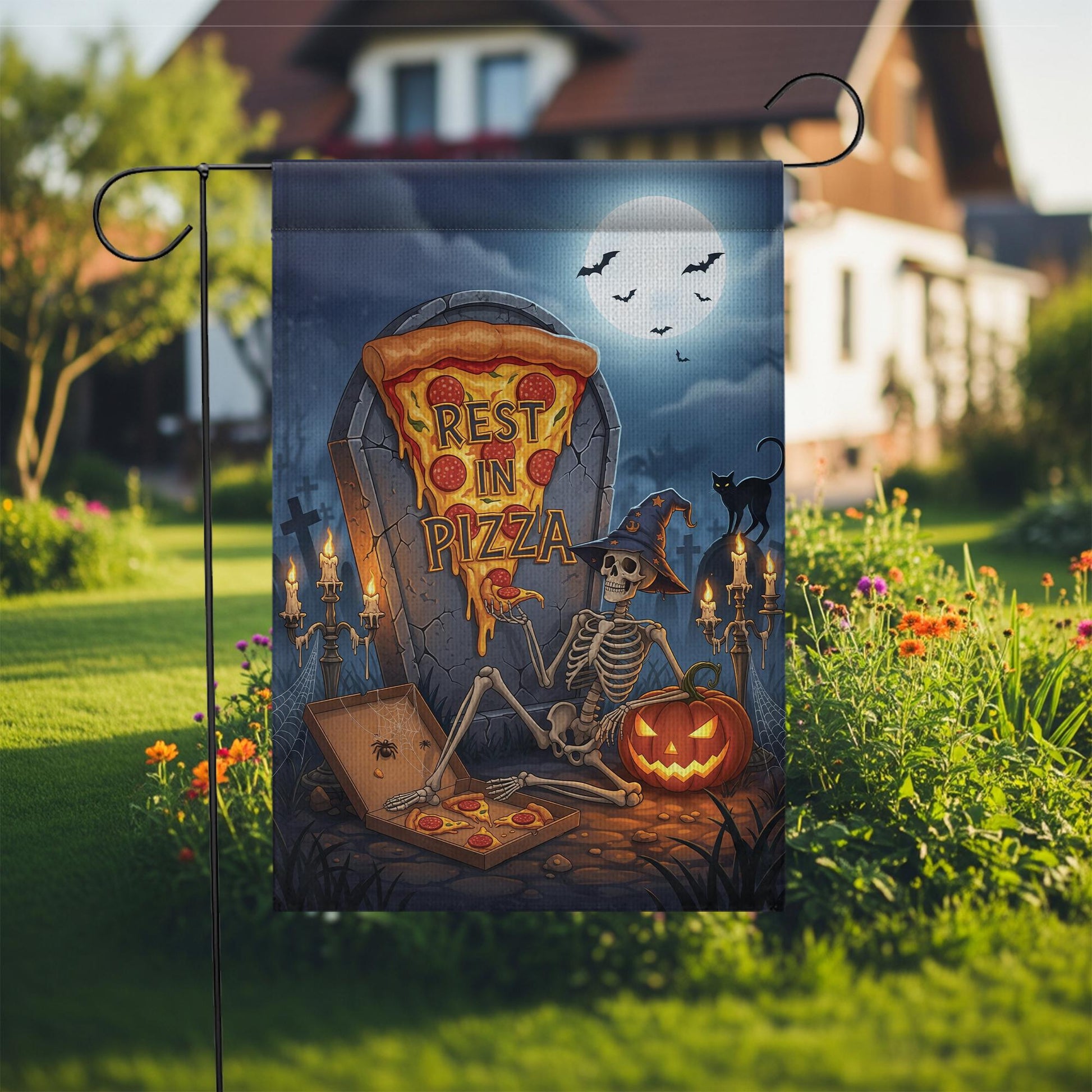 Rest in Pizza Skeleton Flag – Halloween Pizza Graveyard Garden Decor