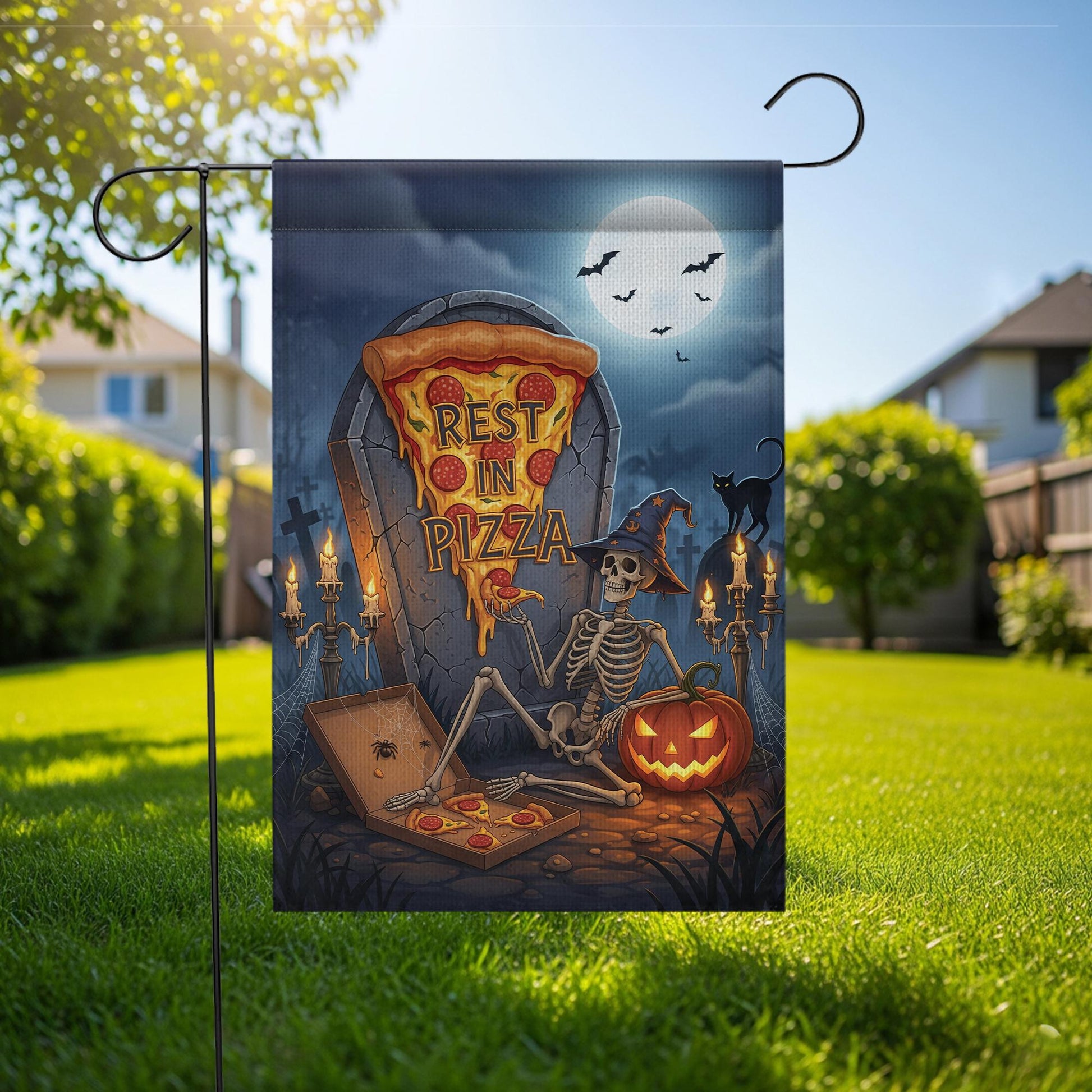 Rest in Pizza Skeleton Flag – Halloween Pizza Graveyard Garden Decor