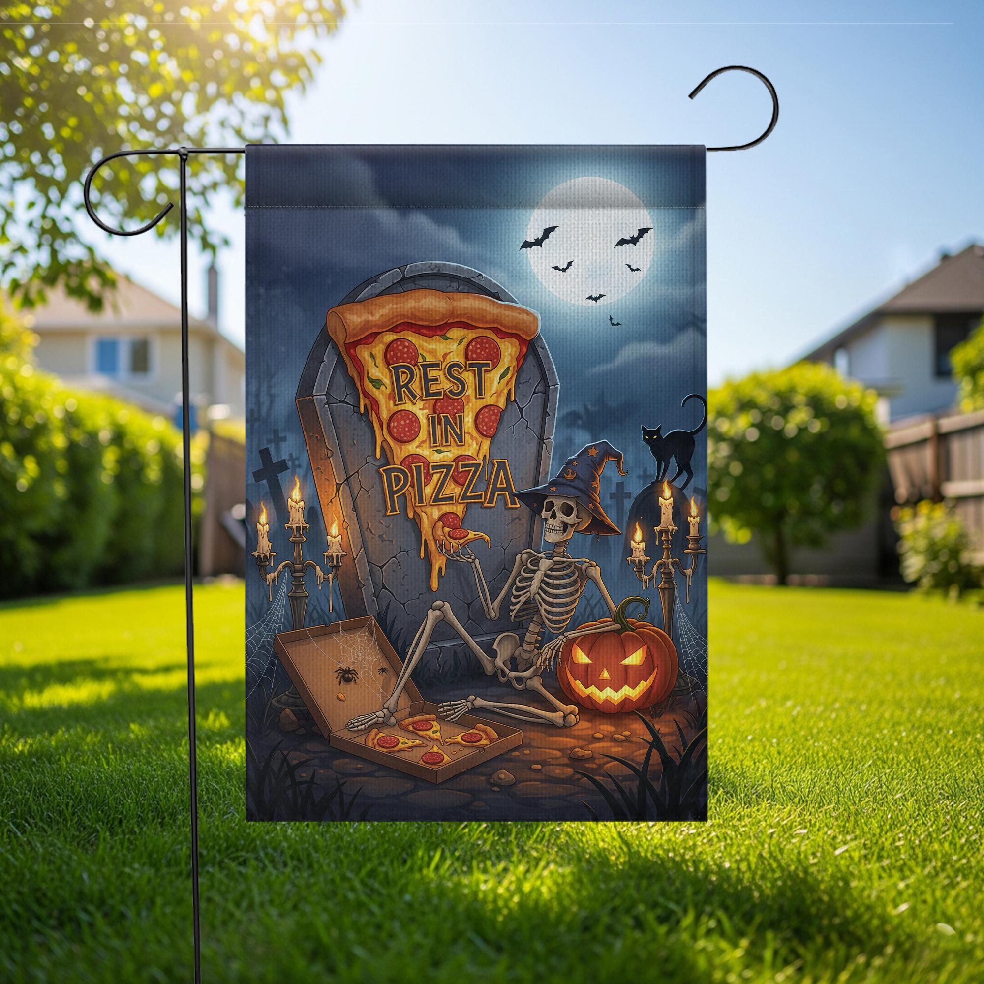 Rest in Pizza Skeleton Flag – Halloween Pizza Graveyard Garden Decor