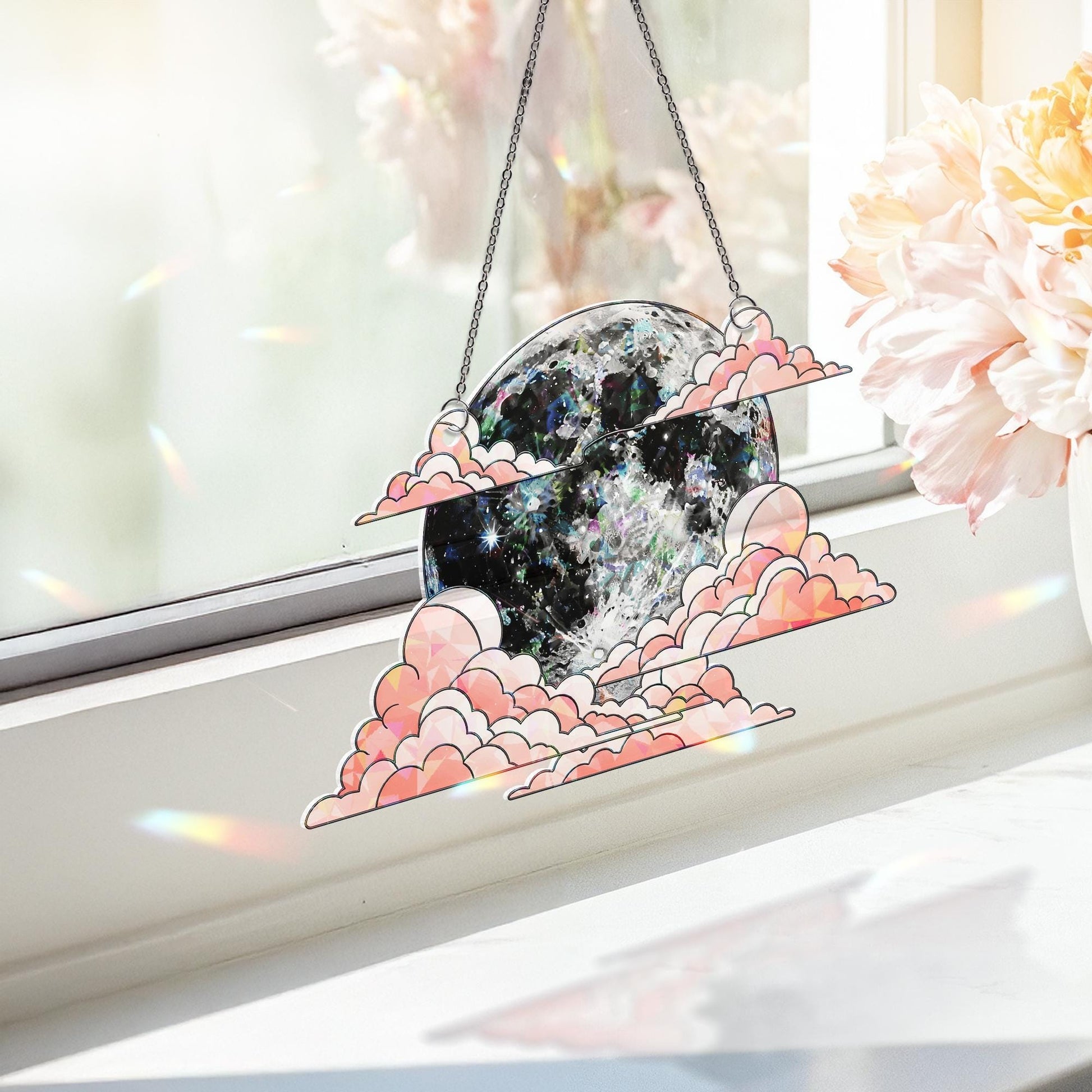 Celestial Moon & Clouds Holographic Suncatcher – Prism Window Hanging, Hologram Moon Decor, Dreamy Light Catcher for Home and Gifts