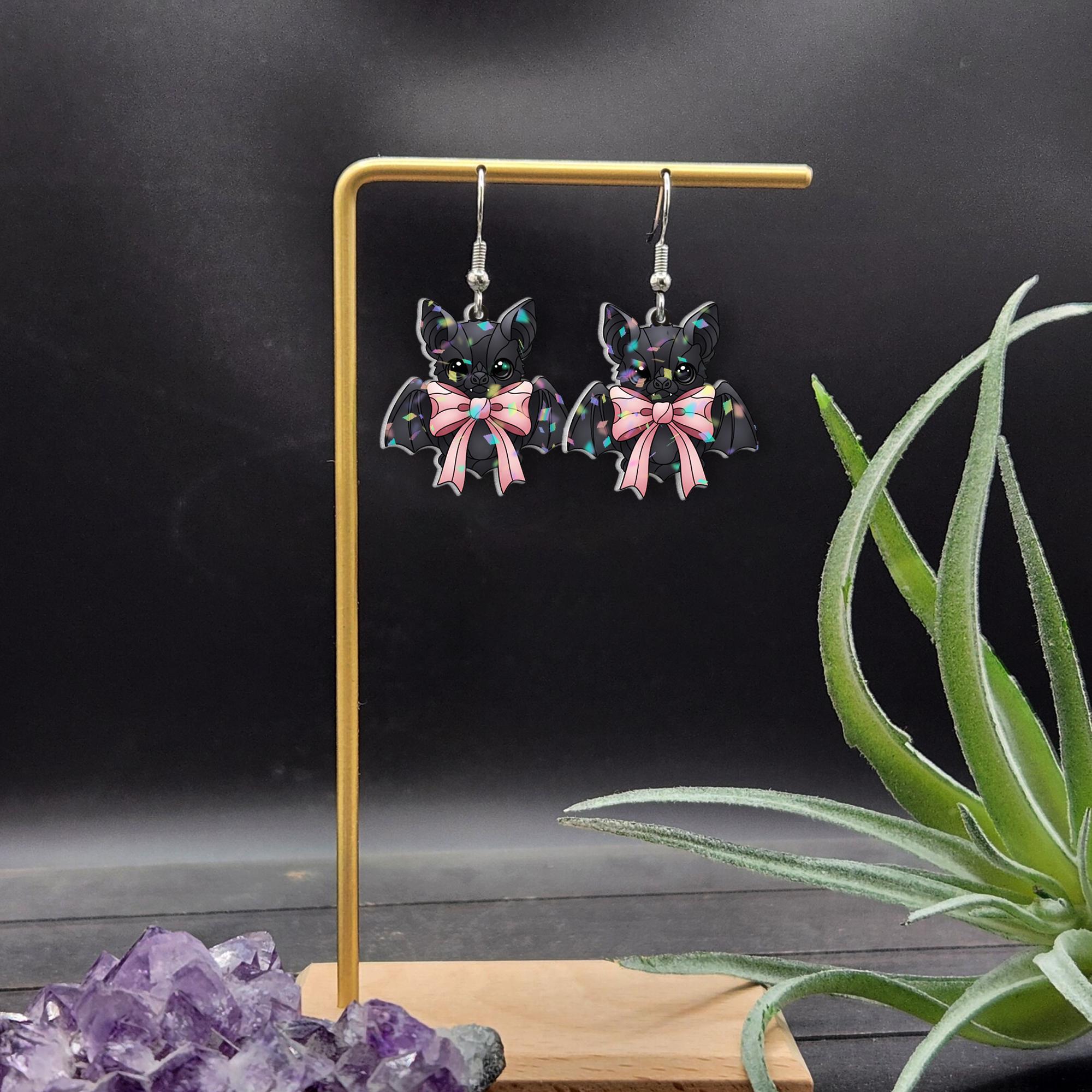 Cute Bat Earrings with Pink Bow – Gothic Halloween Dangle Jewelry, Whimsical Vampire Bat Accessory, Unique Gift for her