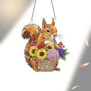 Autumn Squirrel Holographic Suncatcher – Prism Window Hanging, Fall Basket Flowers Window Ornament, Woodland Light Catcher Decor