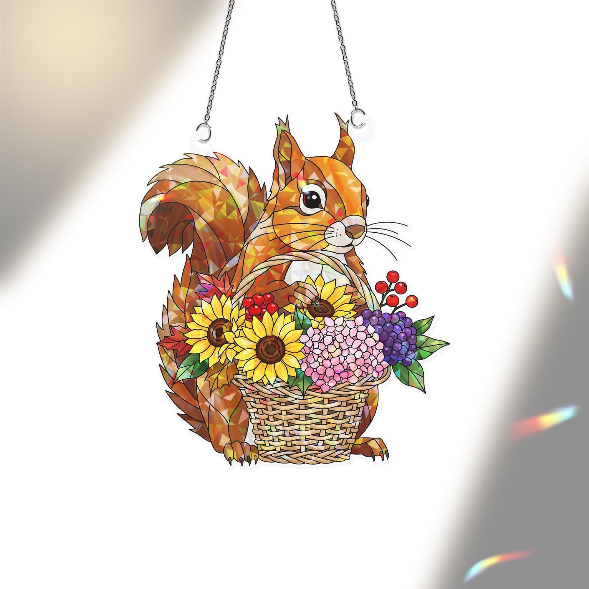 Autumn Squirrel Holographic Suncatcher – Prism Window Hanging, Fall Basket Flowers Window Ornament, Woodland Light Catcher Decor