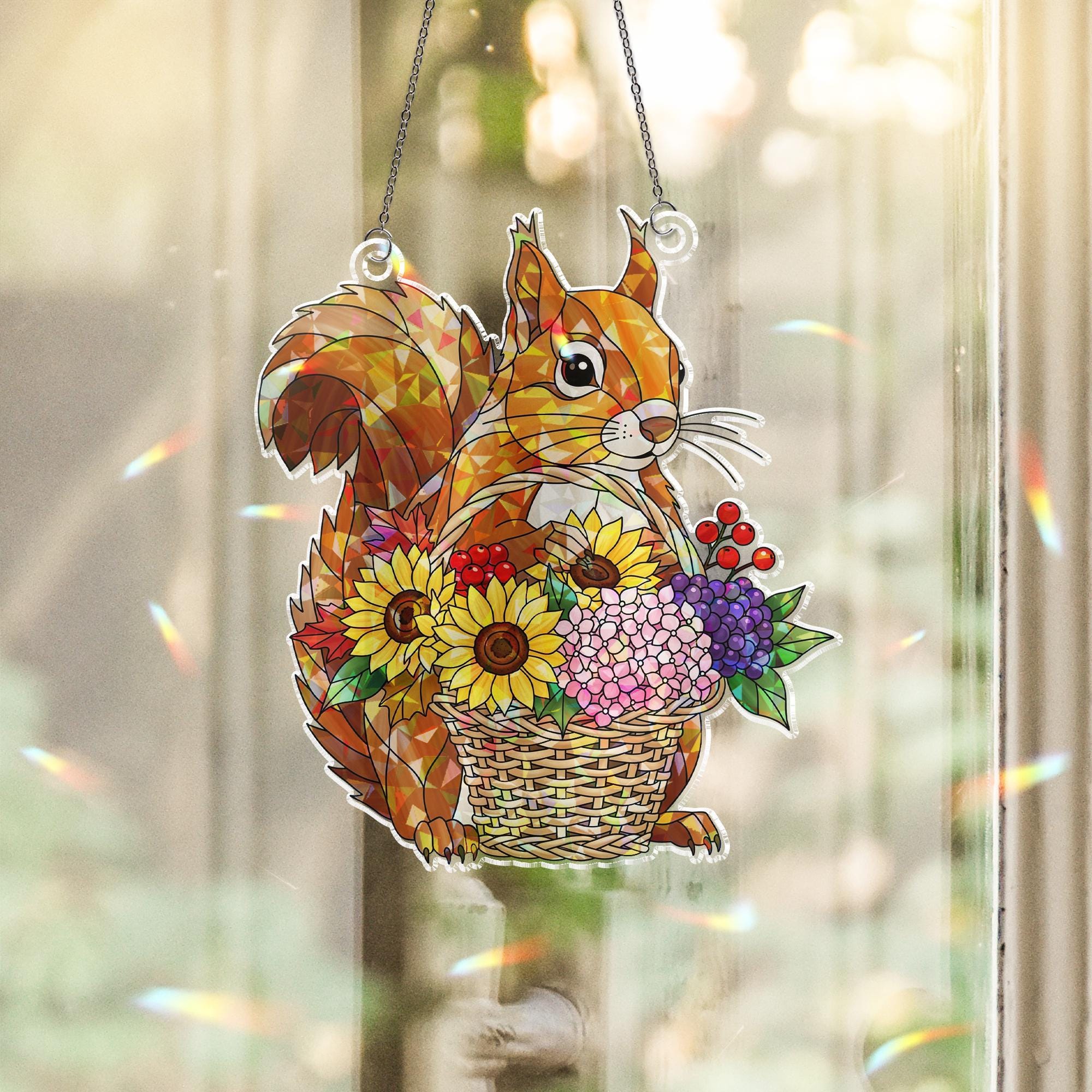 Autumn Squirrel Holographic Suncatcher – Prism Window Hanging, Fall Basket Flowers Window Ornament, Woodland Light Catcher Decor