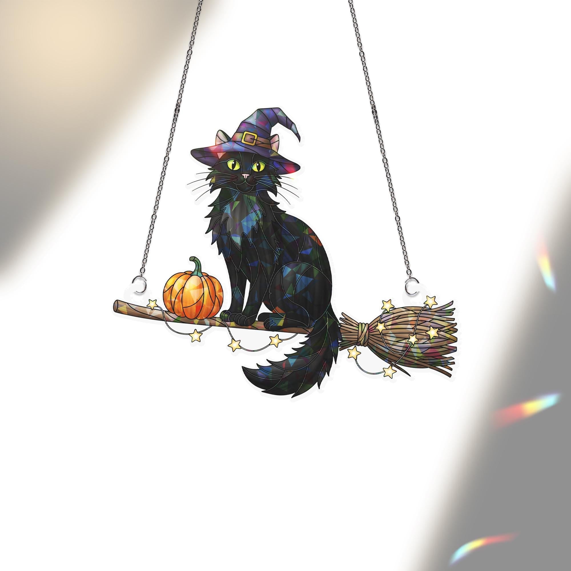 Witch Cat & Pumpkin Holographic Suncatcher – Black Cat on Broom with Pumpkin, Prism Window Hanging, Halloween Decor and Gift