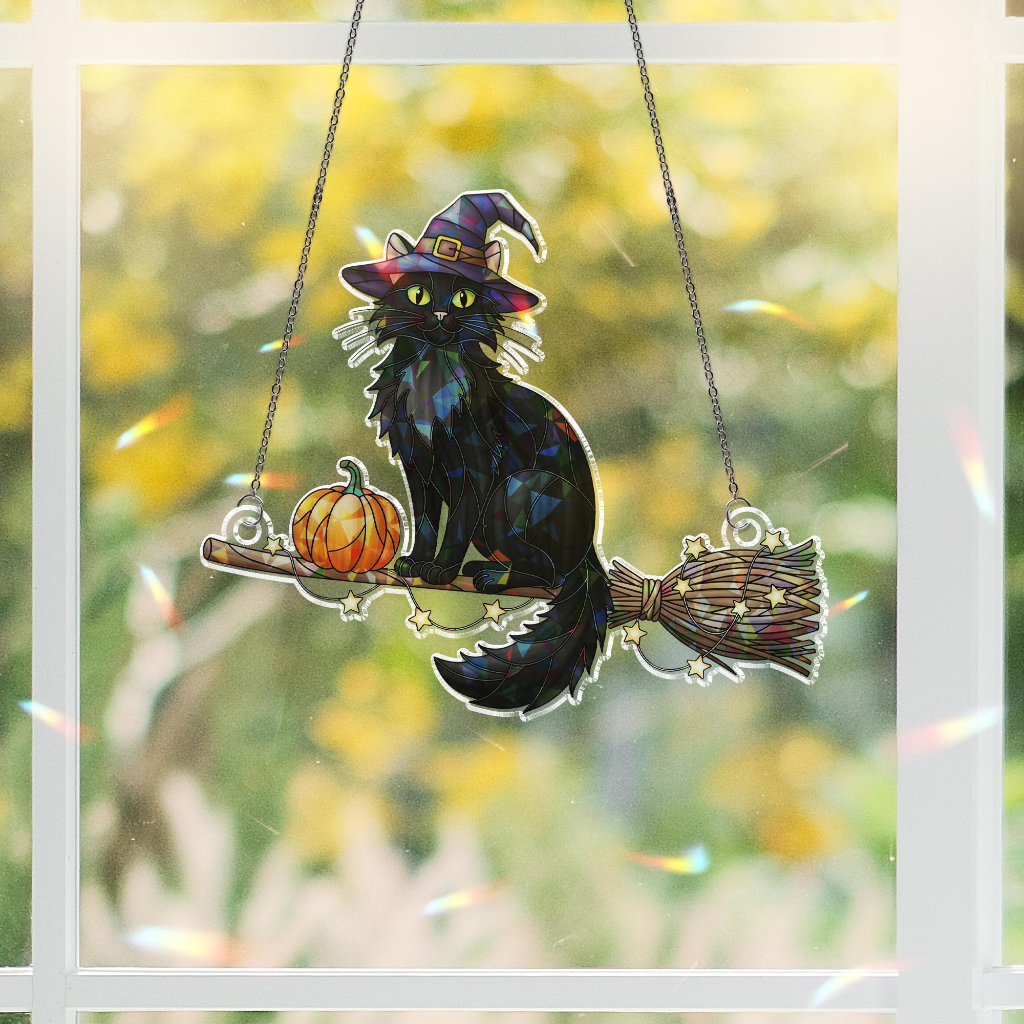 Witch Cat & Pumpkin Holographic Suncatcher – Black Cat on Broom with Pumpkin, Prism Window Hanging, Halloween Decor and Gift