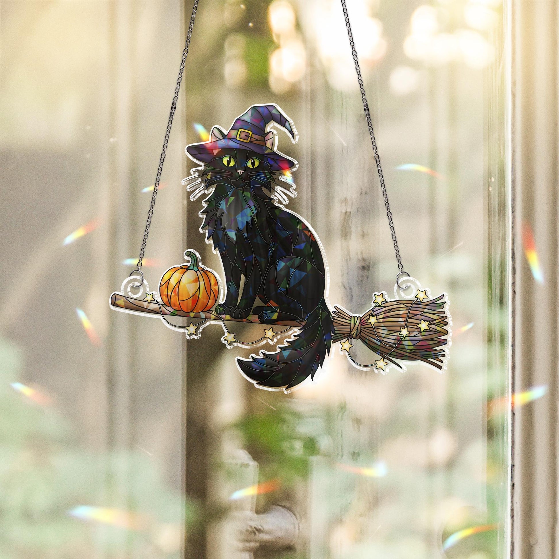 Witch Cat & Pumpkin Holographic Suncatcher – Black Cat on Broom with Pumpkin, Prism Window Hanging, Halloween Decor and Gift