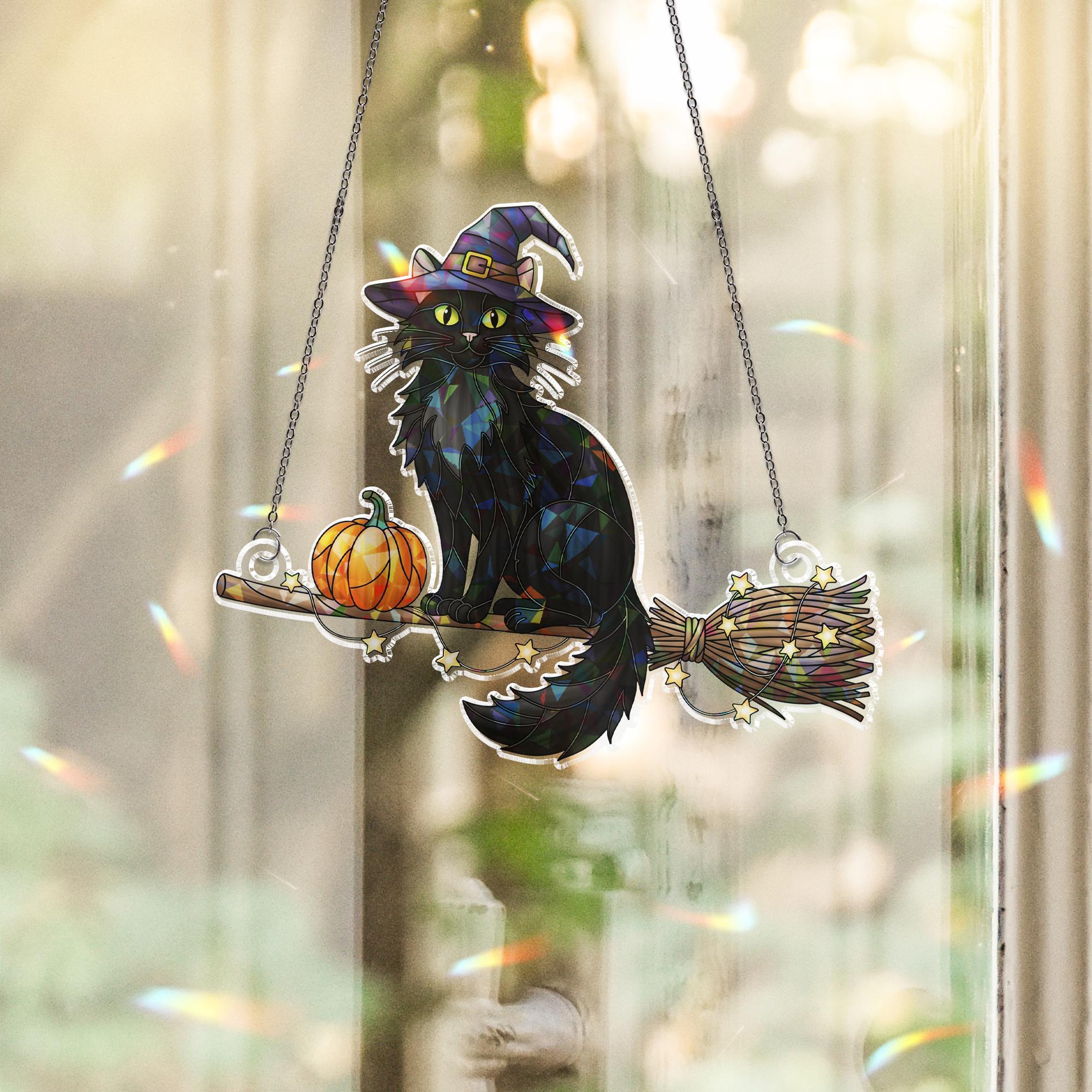 Witch Cat & Pumpkin Holographic Suncatcher – Black Cat on Broom with Pumpkin, Prism Window Hanging, Halloween Decor and Gift