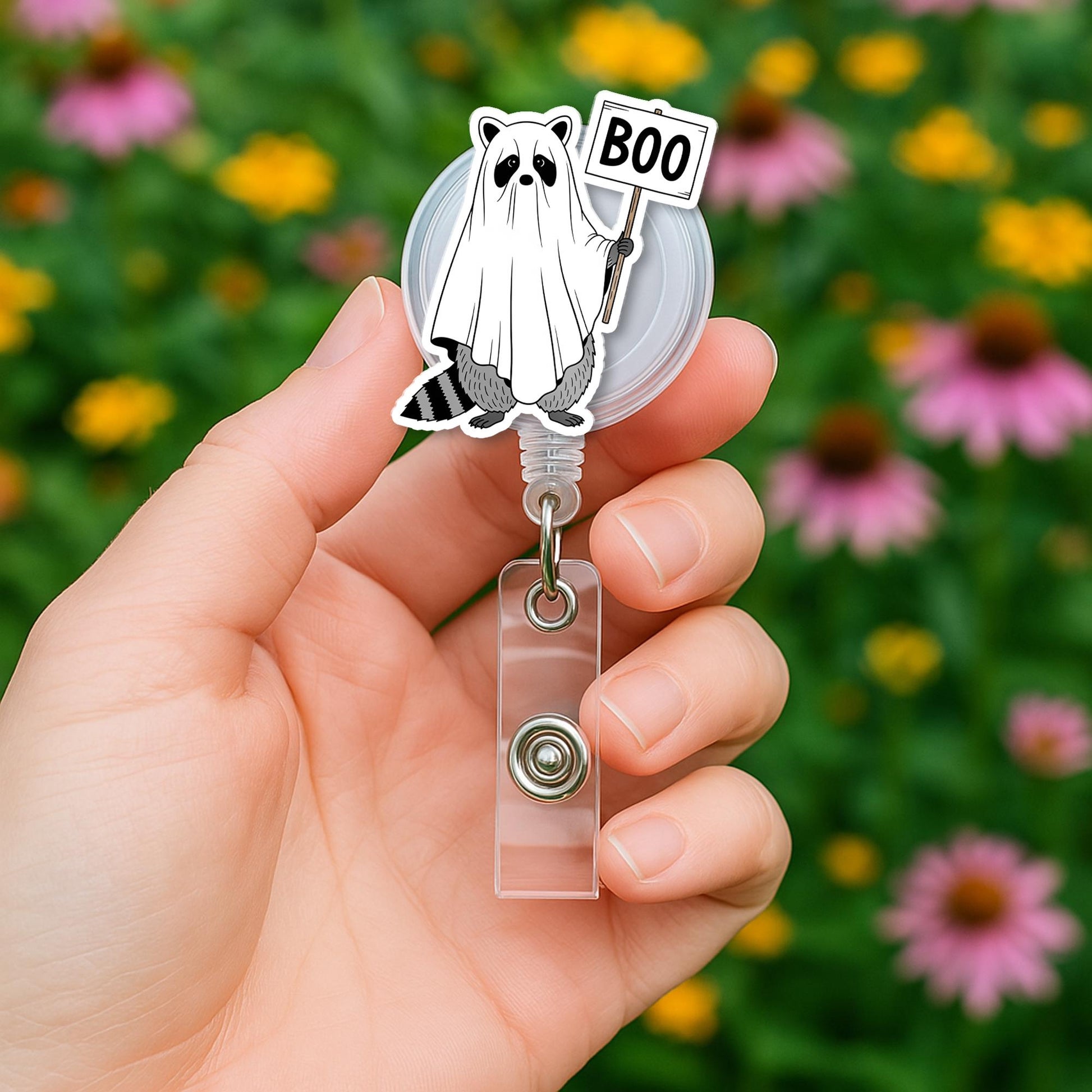 Ghost Raccoon Badge Reel – Cute Boo Raccoon ID Reel Holder, Spooky Halloween Nurse Reel, Retractable Lanyard Accessory Gift