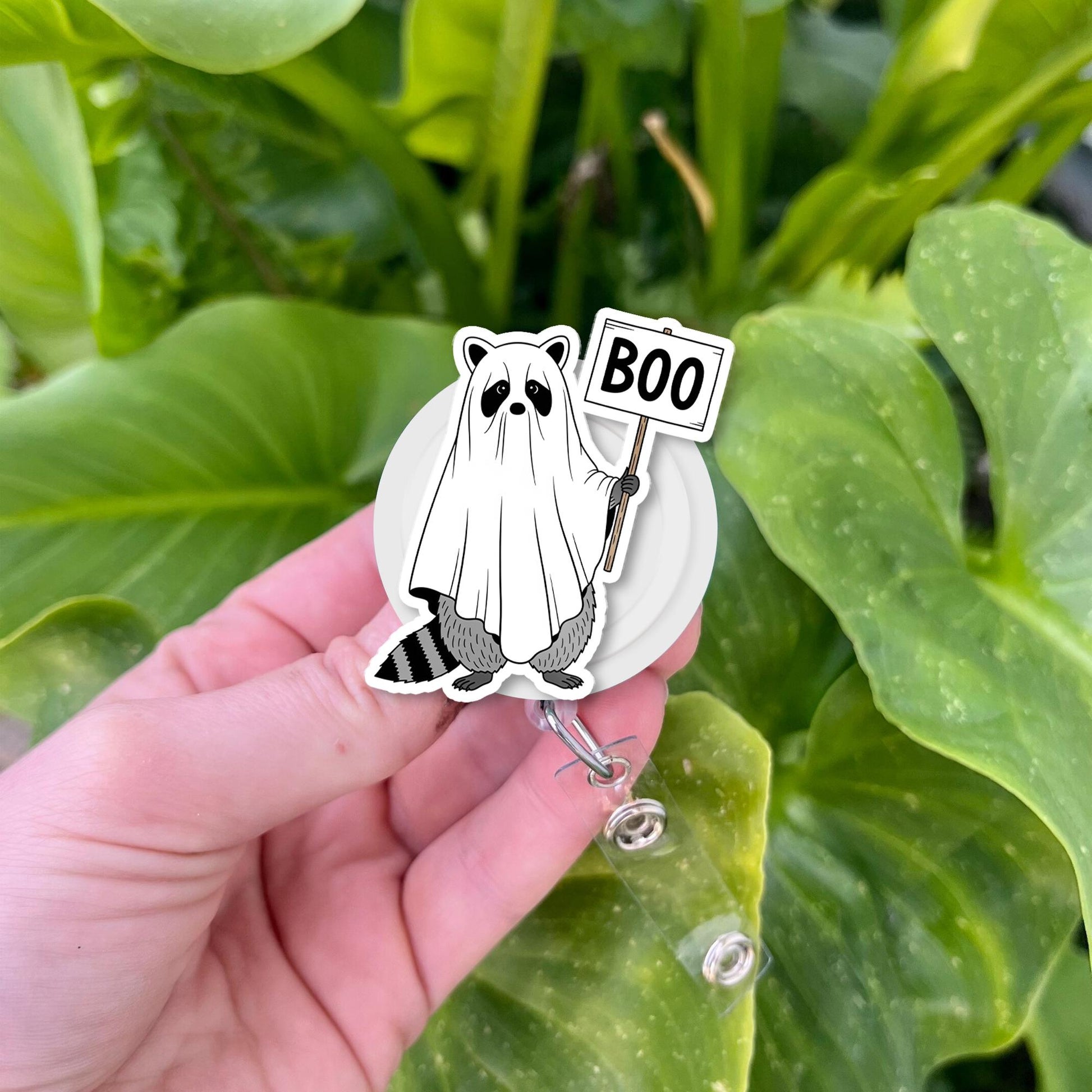 Ghost Raccoon Badge Reel – Cute Boo Raccoon ID Reel Holder, Spooky Halloween Nurse Reel, Retractable Lanyard Accessory Gift