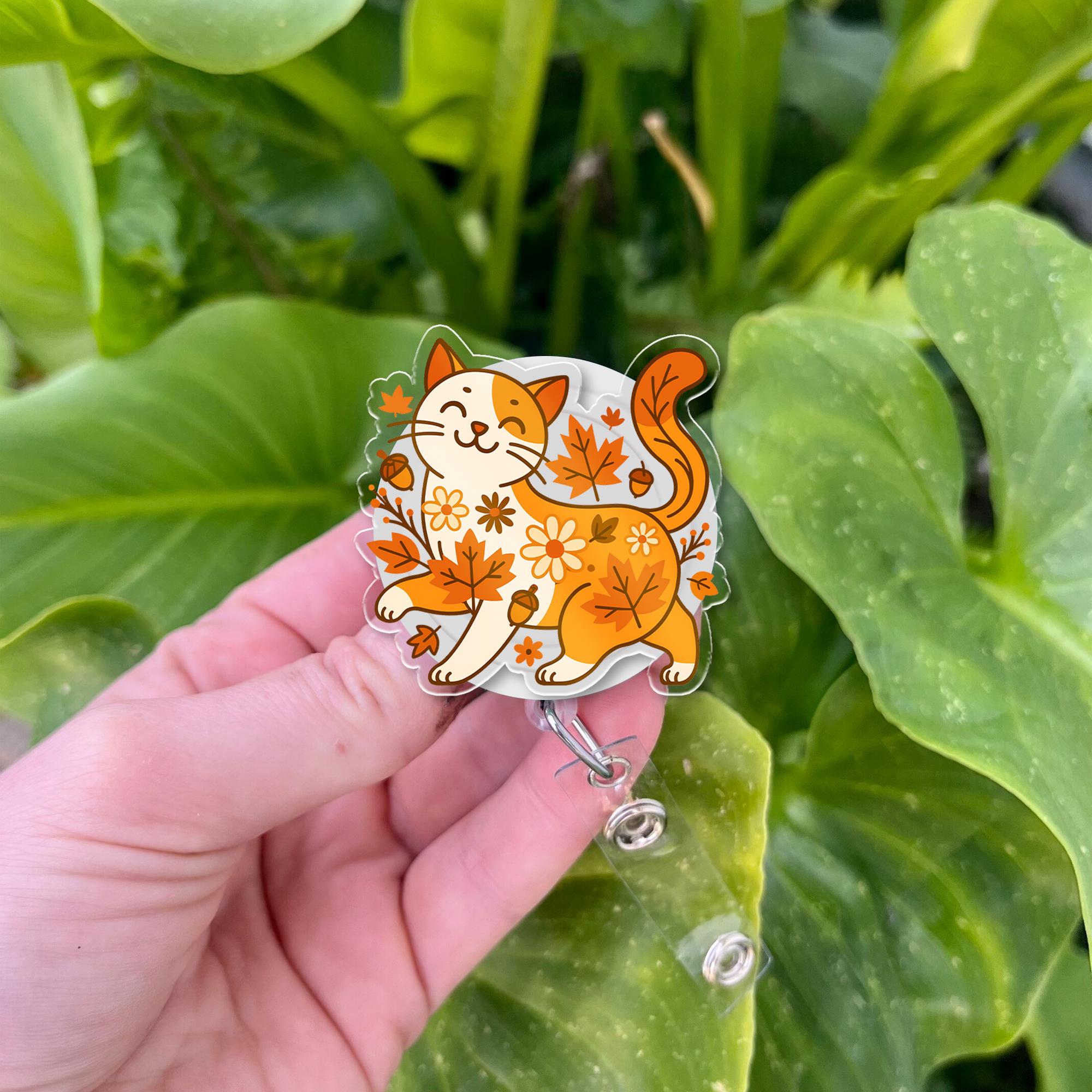 Autumn Leaves Cat Badge Reel – Fall Floral Cat ID Badge Holder, Nurse Reel, Cute Cat with Leaves Retractable Zipper Clip Gift