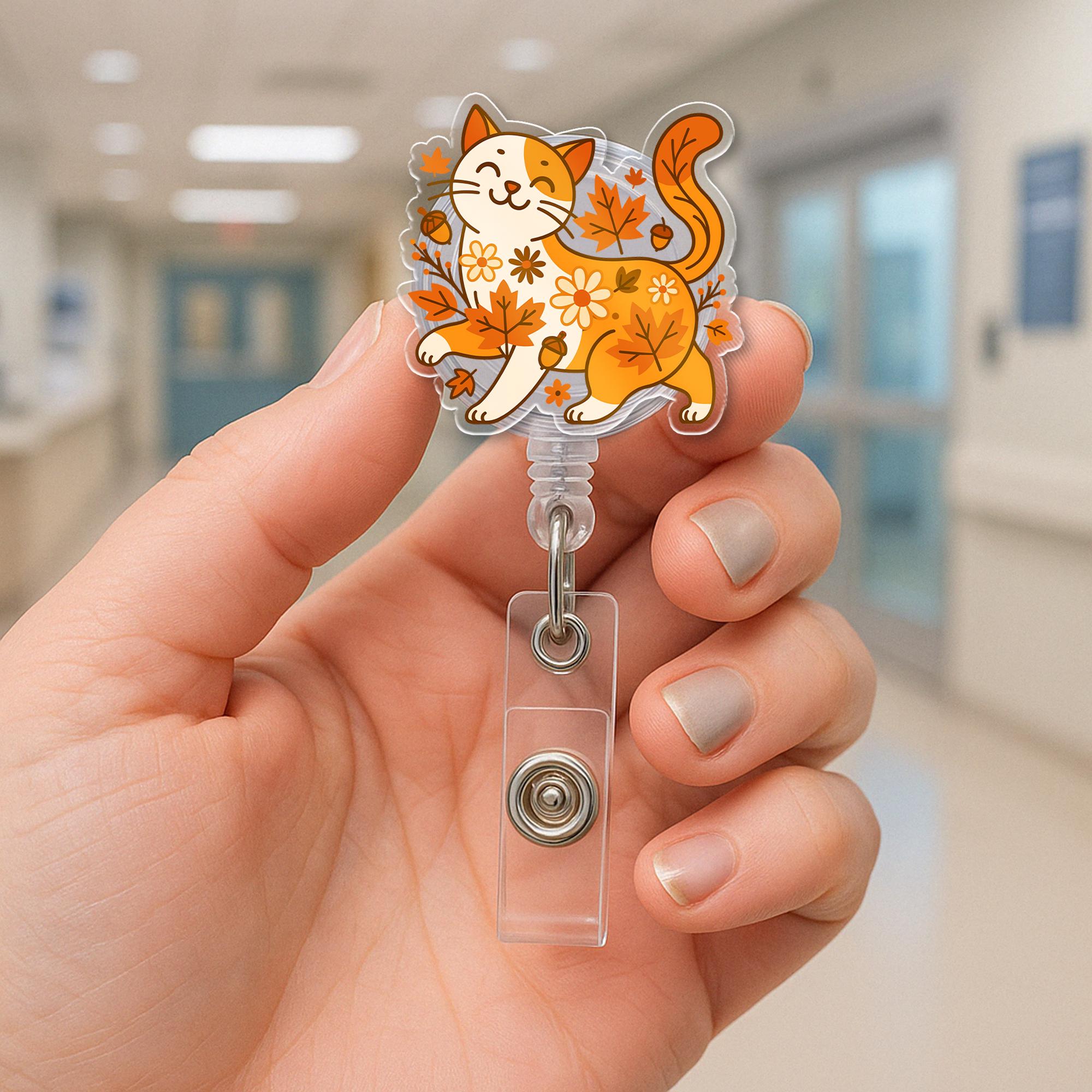 Autumn Leaves Cat Badge Reel – Fall Floral Cat ID Badge Holder, Nurse Reel, Cute Cat with Leaves Retractable Zipper Clip Gift