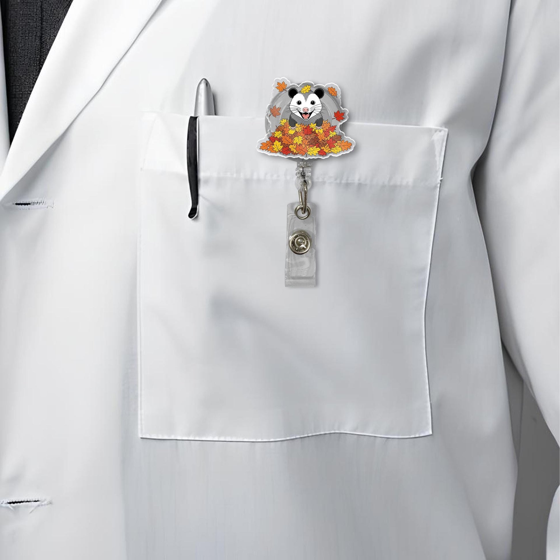 Fall Possum Badge Reel – Autumn Leaves Opossum ID Holder, Cute Nurse Badge Clip, Woodland Animal Retractable Reel Gift