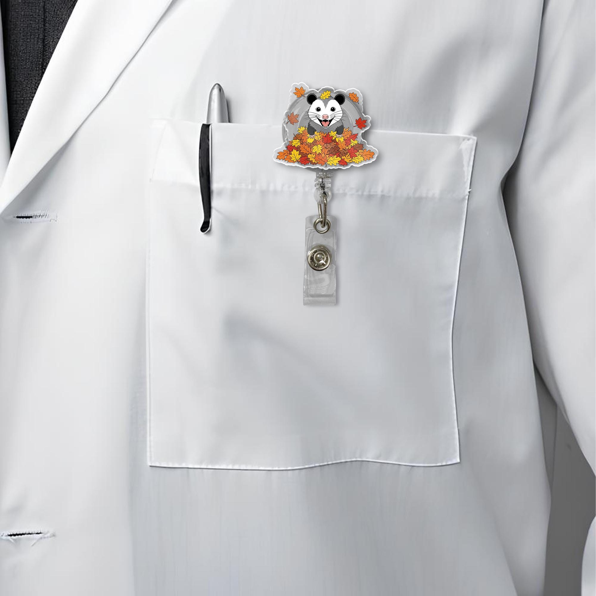 Fall Possum Badge Reel – Autumn Leaves Opossum ID Holder, Cute Nurse Badge Clip, Woodland Animal Retractable Reel Gift