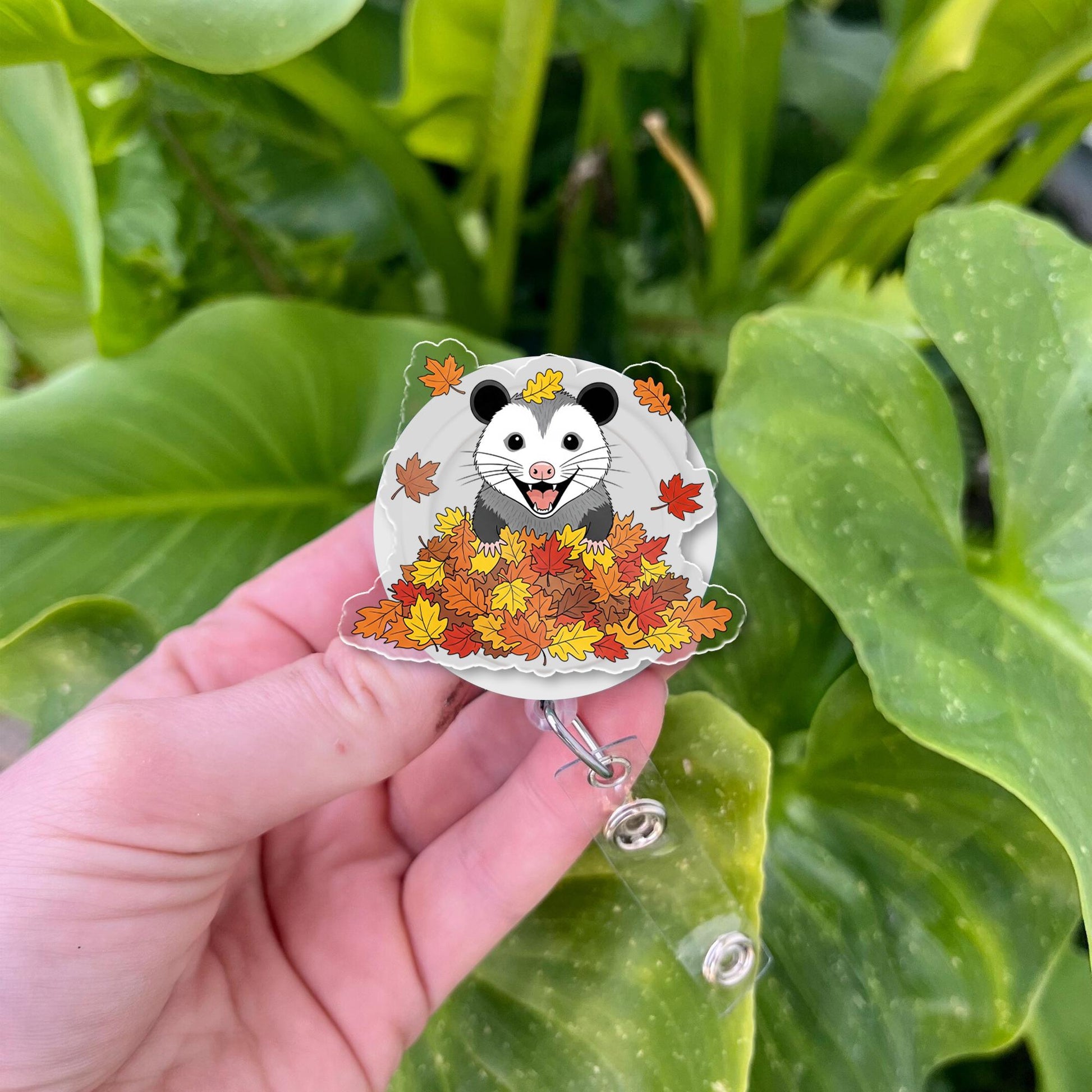 Fall Possum Badge Reel – Autumn Leaves Opossum ID Holder, Cute Nurse Badge Clip, Woodland Animal Retractable Reel Gift