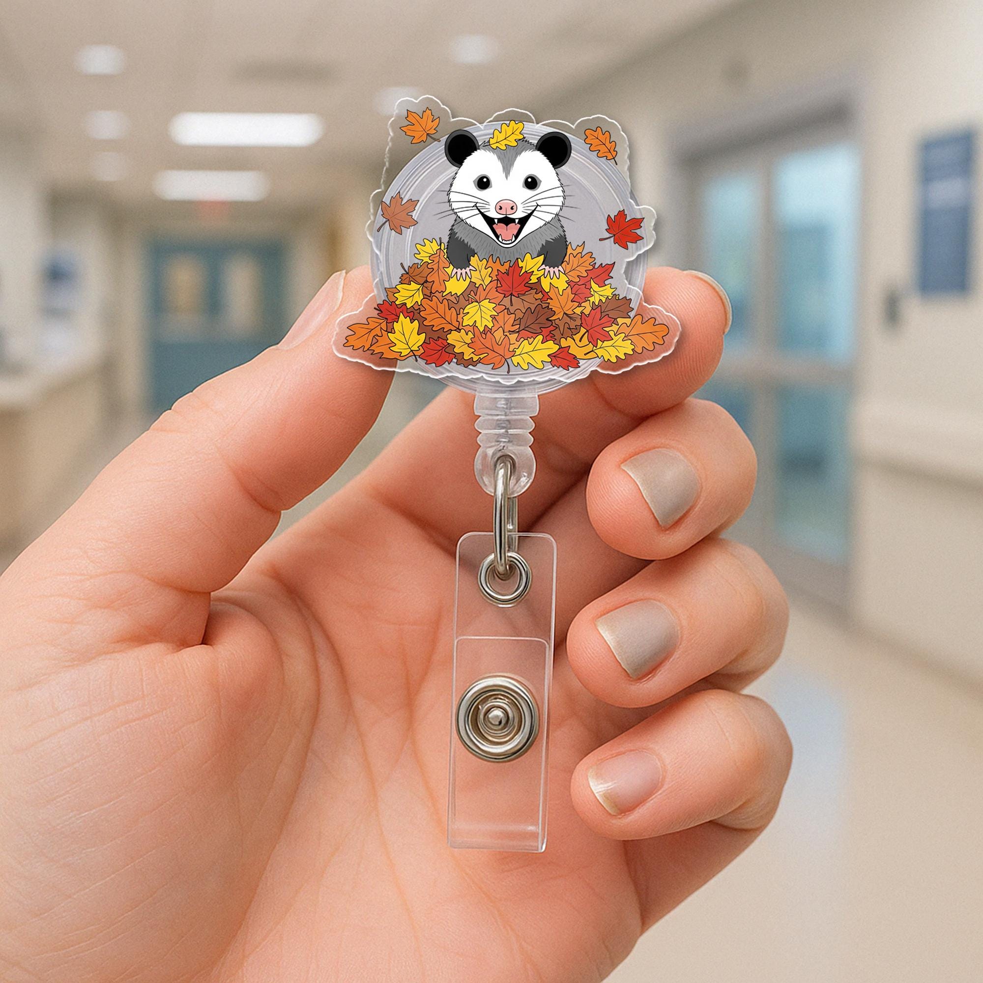 Fall Possum Badge Reel – Autumn Leaves Opossum ID Holder, Cute Nurse Badge Clip, Woodland Animal Retractable Reel Gift