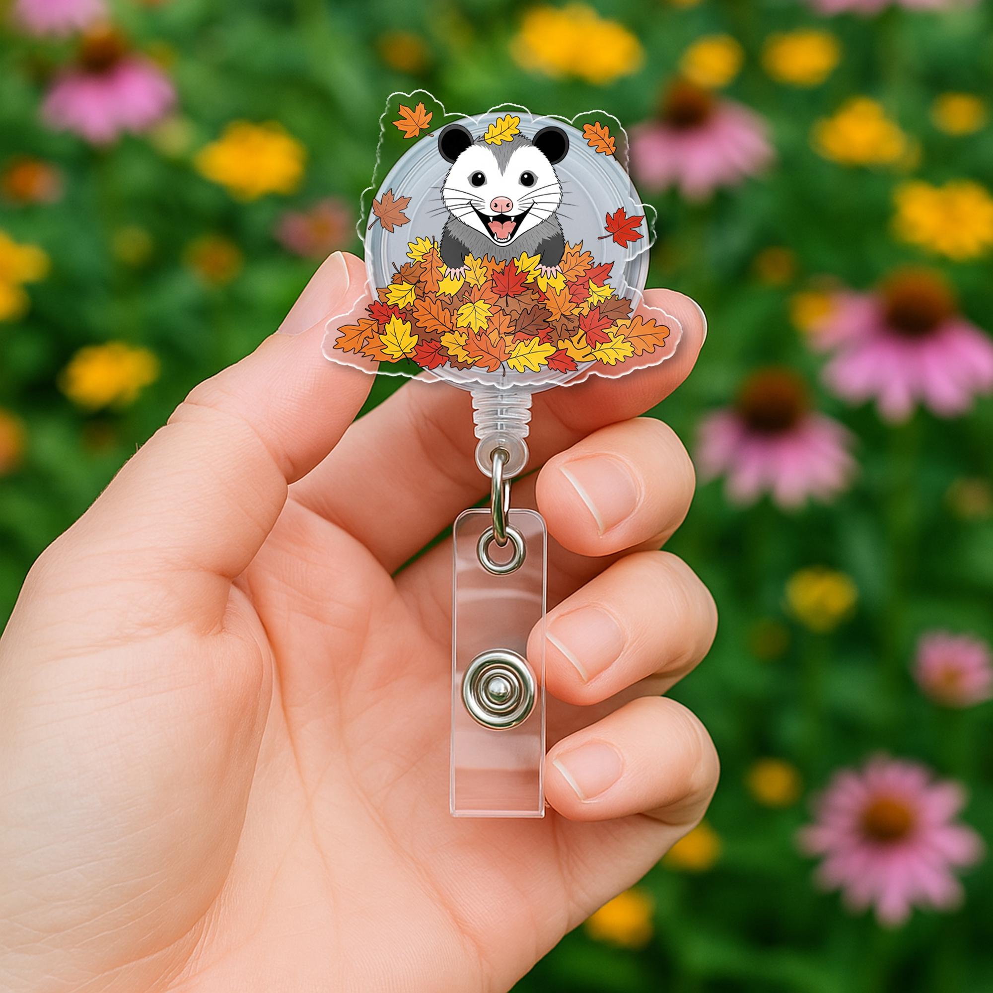 Fall Possum Badge Reel – Autumn Leaves Opossum ID Holder, Cute Nurse Badge Clip, Woodland Animal Retractable Reel Gift