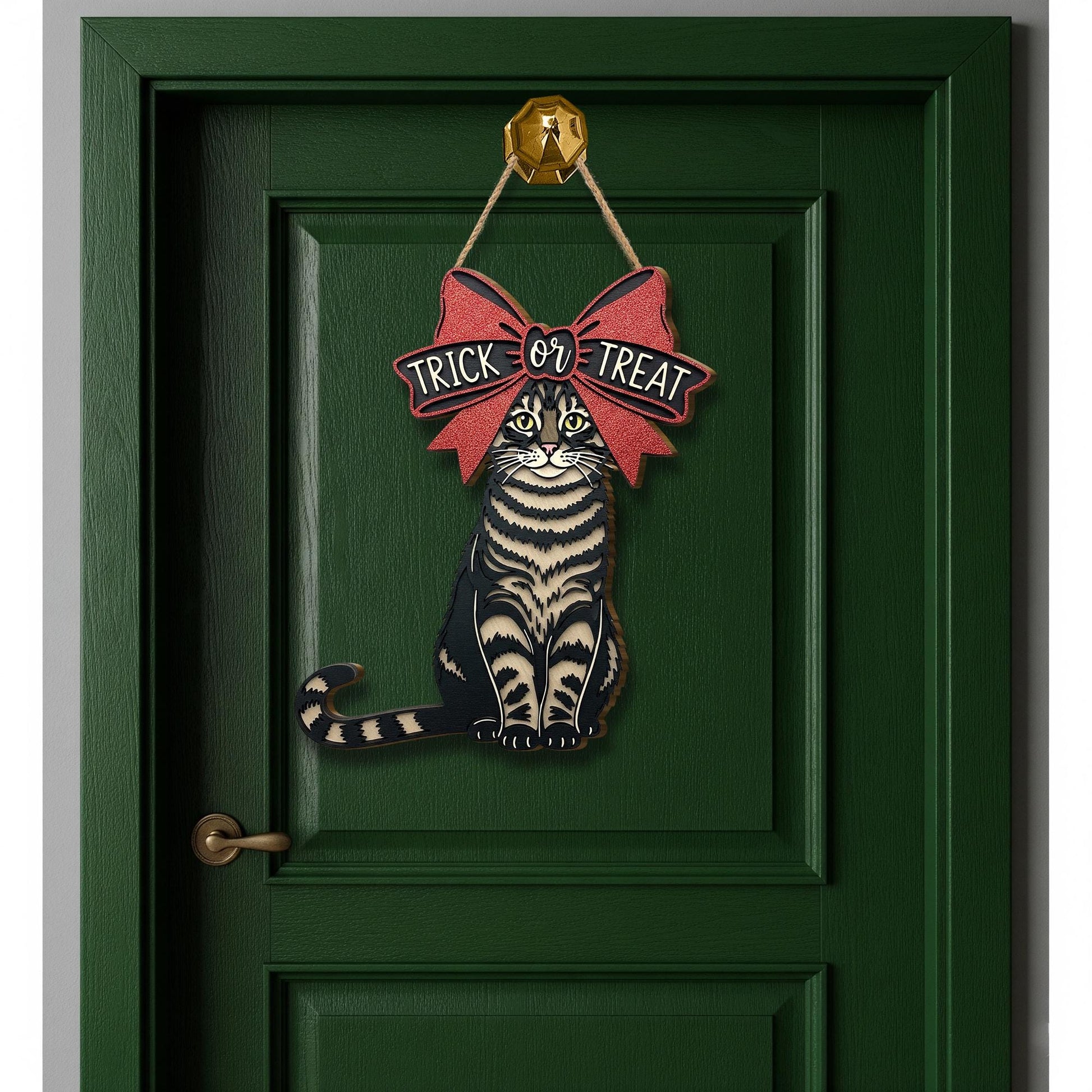 Trick‑or‑Treat Cat Wooden Sign – Halloween Cat Door Hanger, Spooky Black Cat & Bow Wall Décor, Fall Porch Welcome Sign