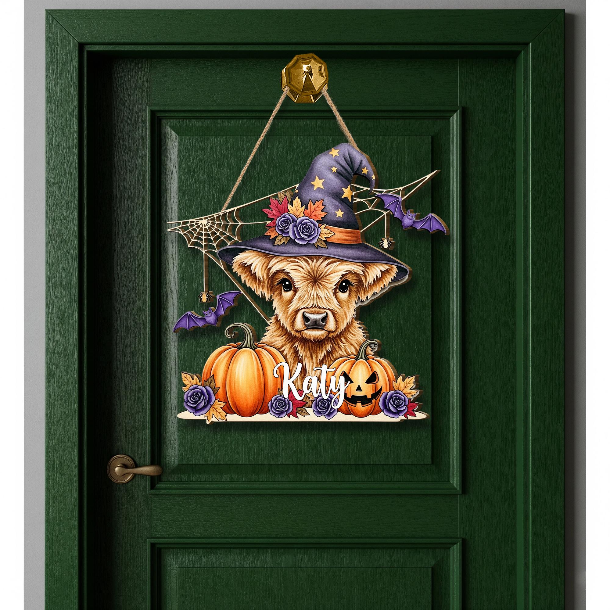 Custom Halloween Highland Cow Door Hanger: Wooden Fall Porch Decor