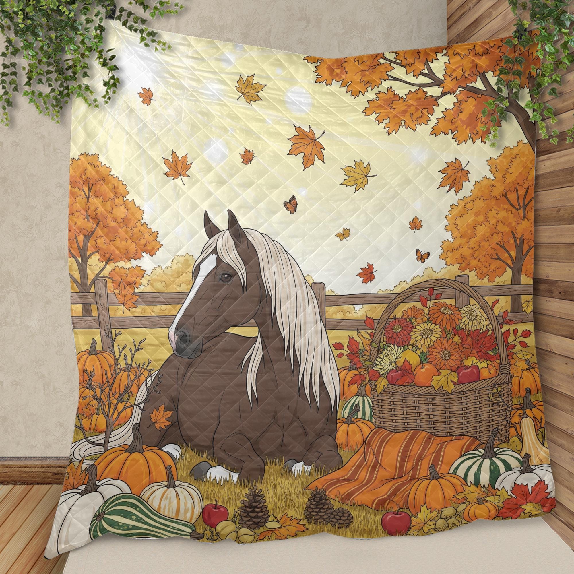 Fall Horse Blanket: Cozy Farmhouse Throw with Pumpkins & Flowers