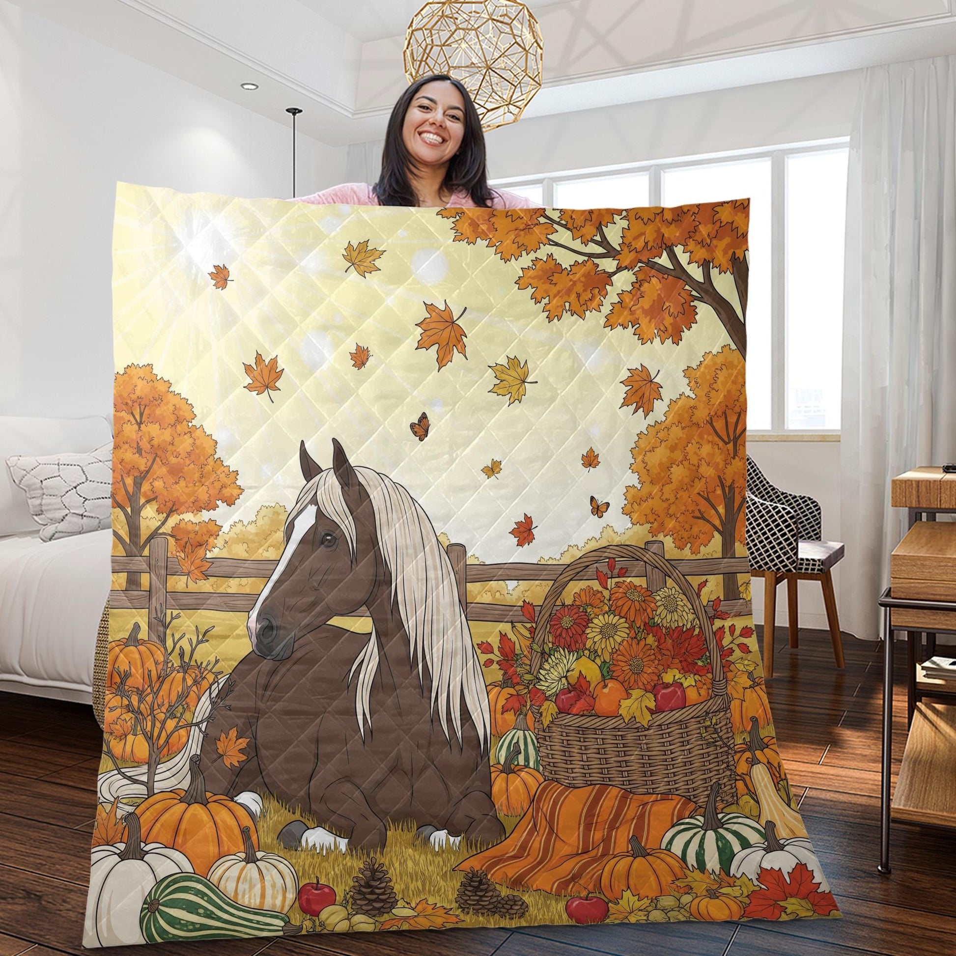 Fall Horse Blanket: Cozy Farmhouse Throw with Pumpkins & Flowers